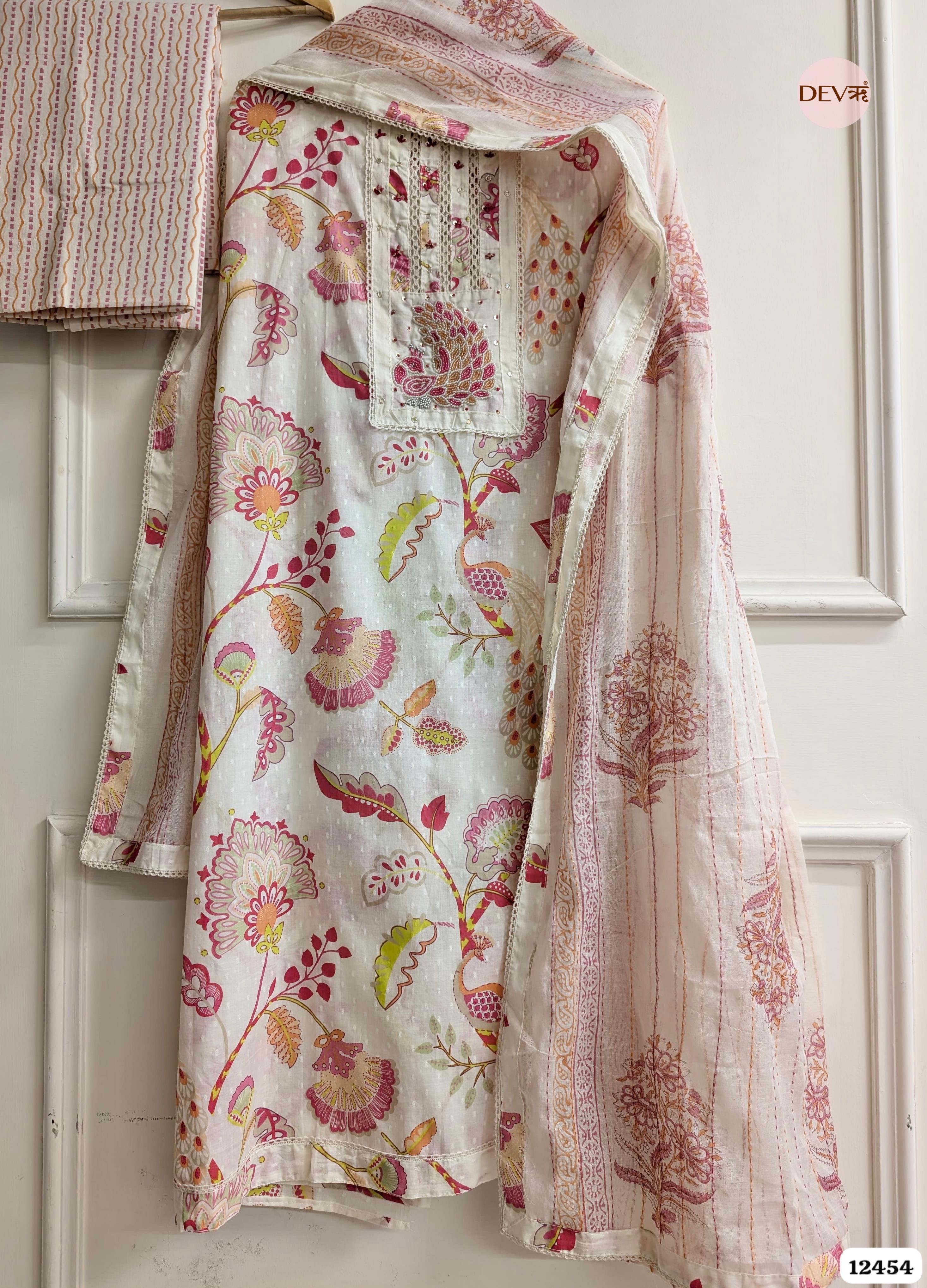 Cream & Pink Pure Cotton Printed Unstitched 3-Piece Suit (Devri – D.No . 12454)