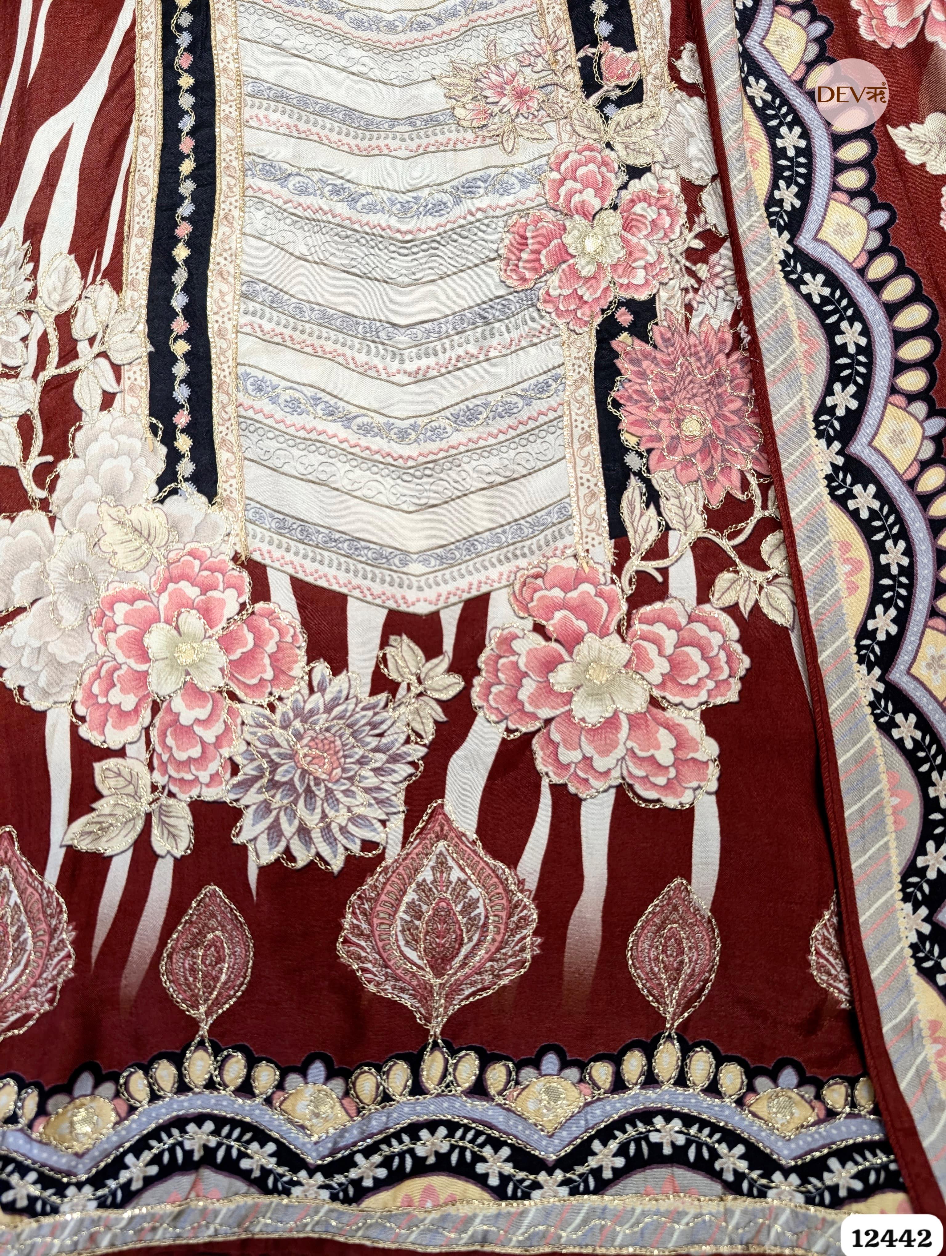 Maroon Muslin Digital Printed Unstitched 3-Piece Suit (Devri – D.No 12442)