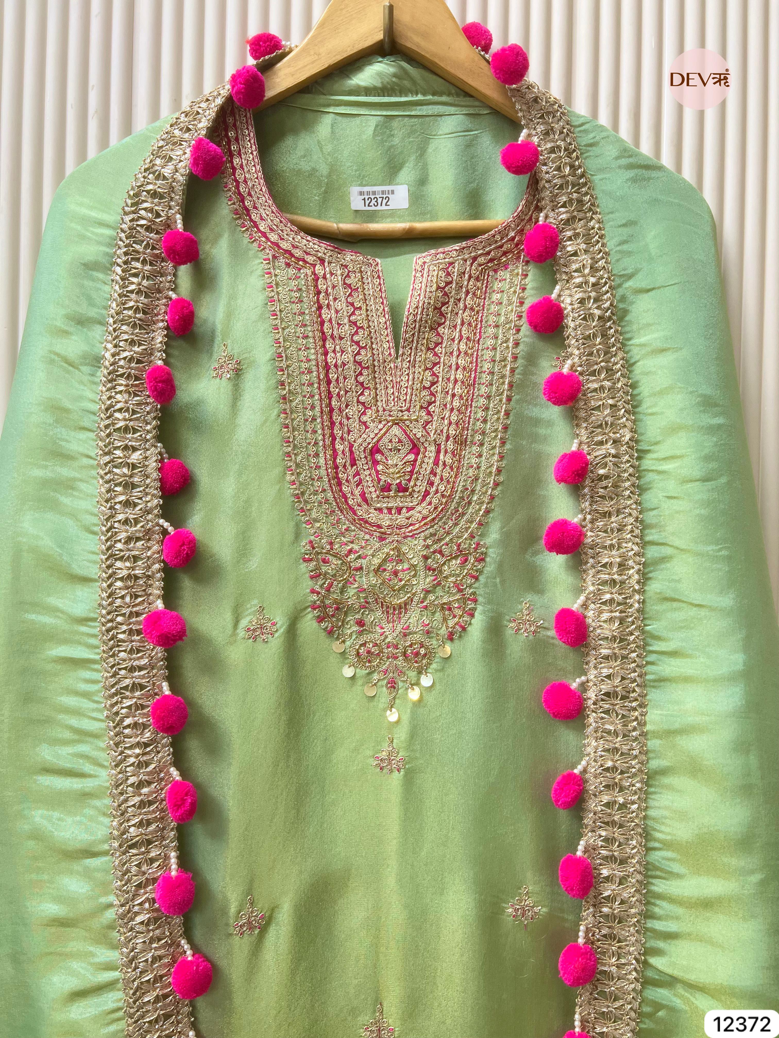 Mint Green Shimmer Silk Embellished Unstitched 3-Piece Suit (Devri – D.No 12372)