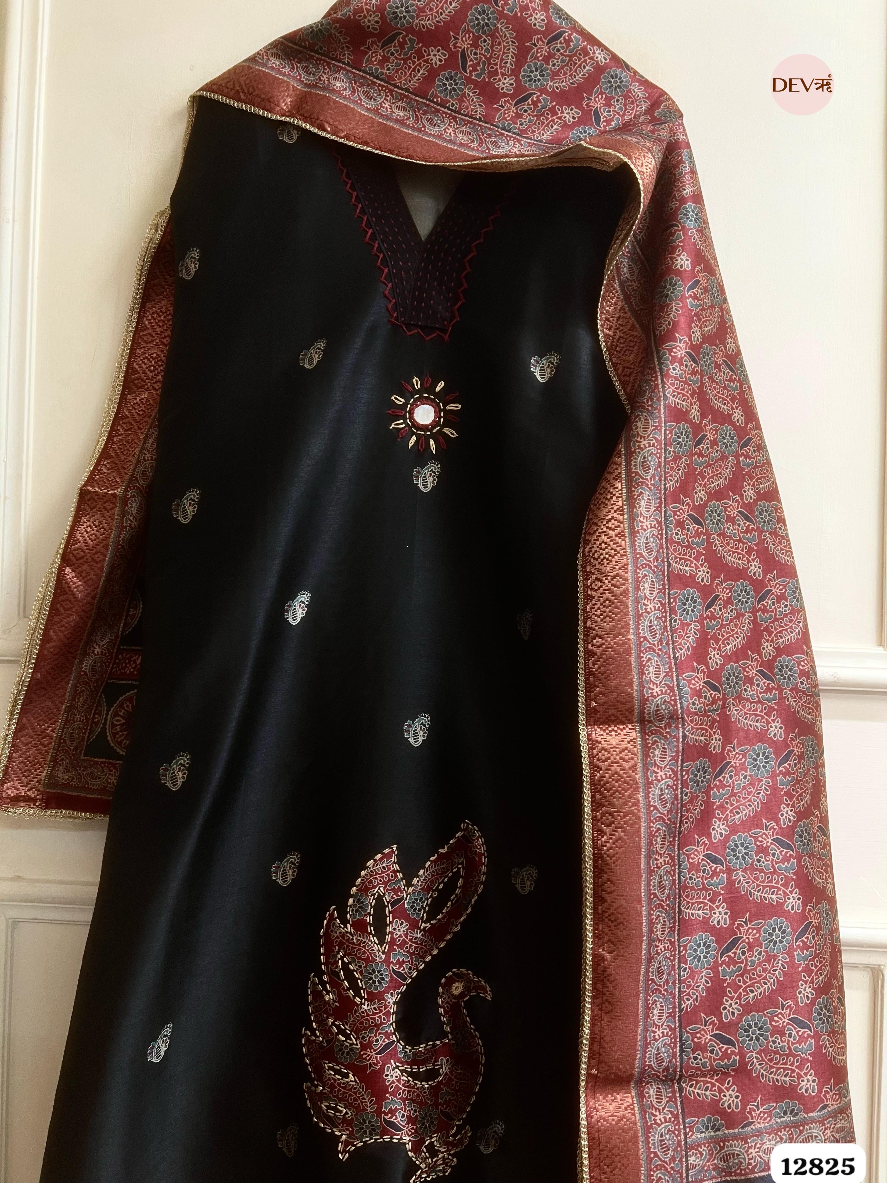 Black chanderi silk printed Unstitched 3-Piece Suit (Devri – D.No12825)