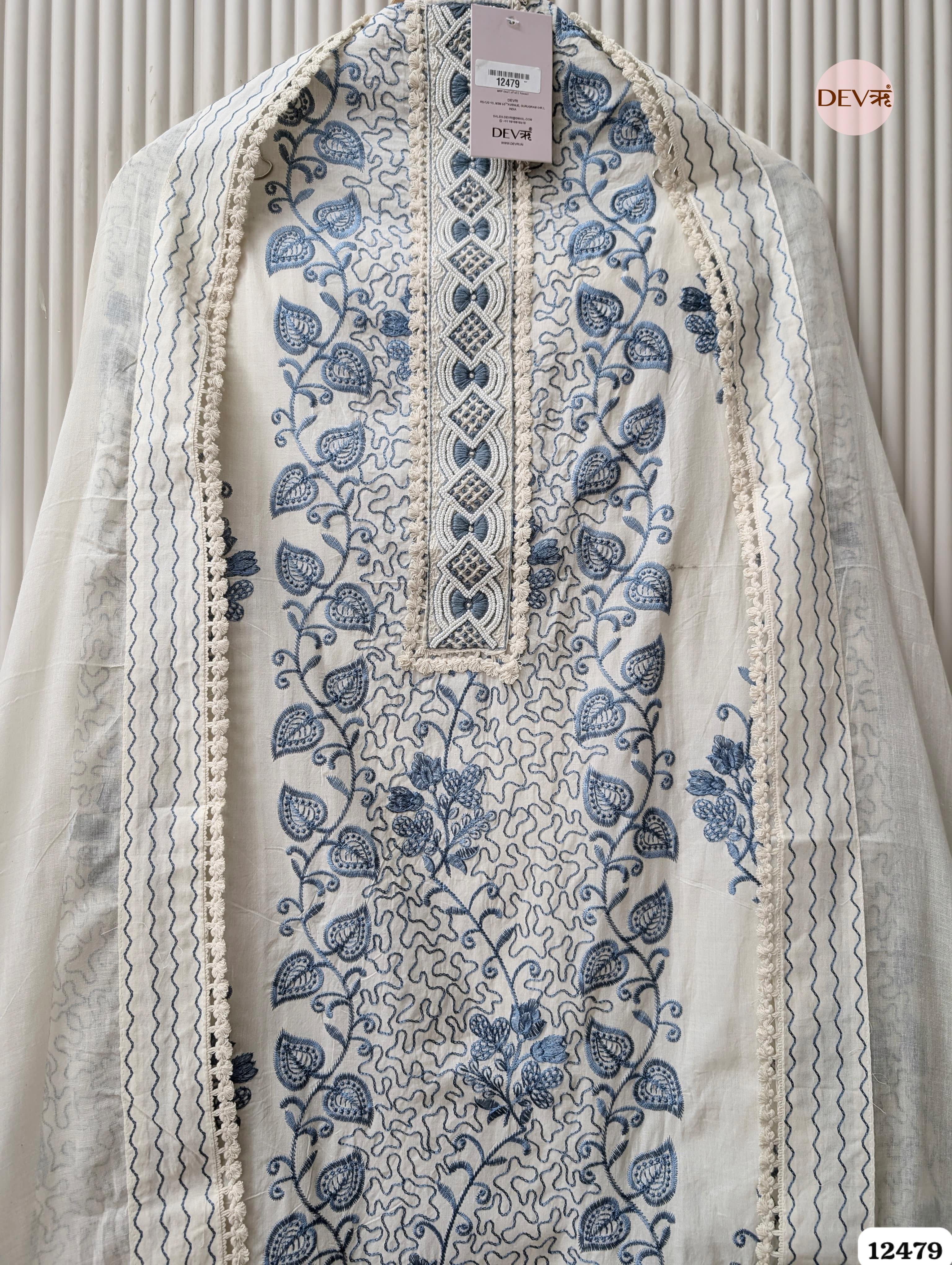 Teal Blue & White Pure Cotton Embroidered Unstitched 3-Piece Suit (Devri – D.No 12479)