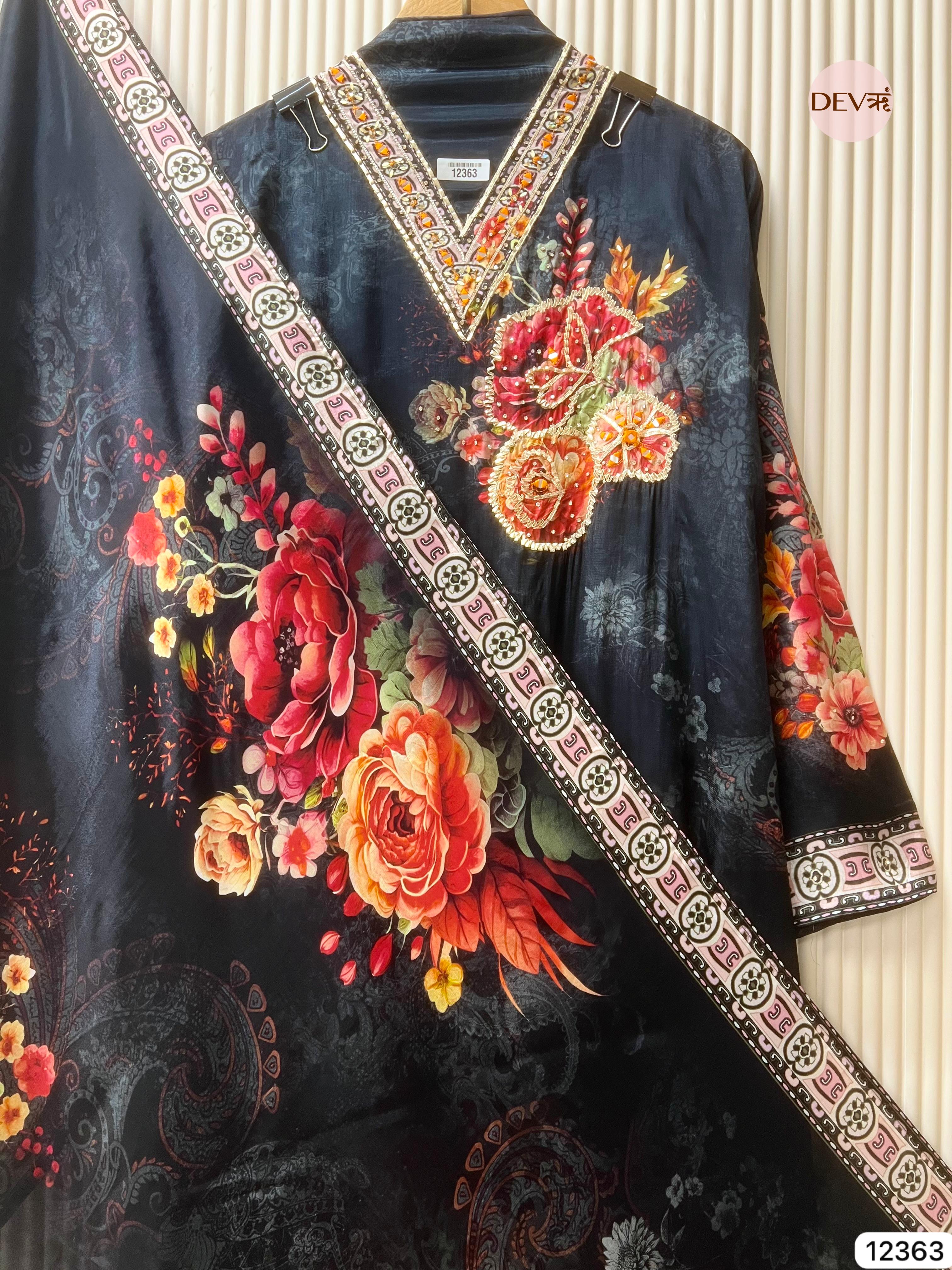 Midnight Blue Organza Silk Printed Unstitched 3-Piece Suit (Devri – D.No 12363)