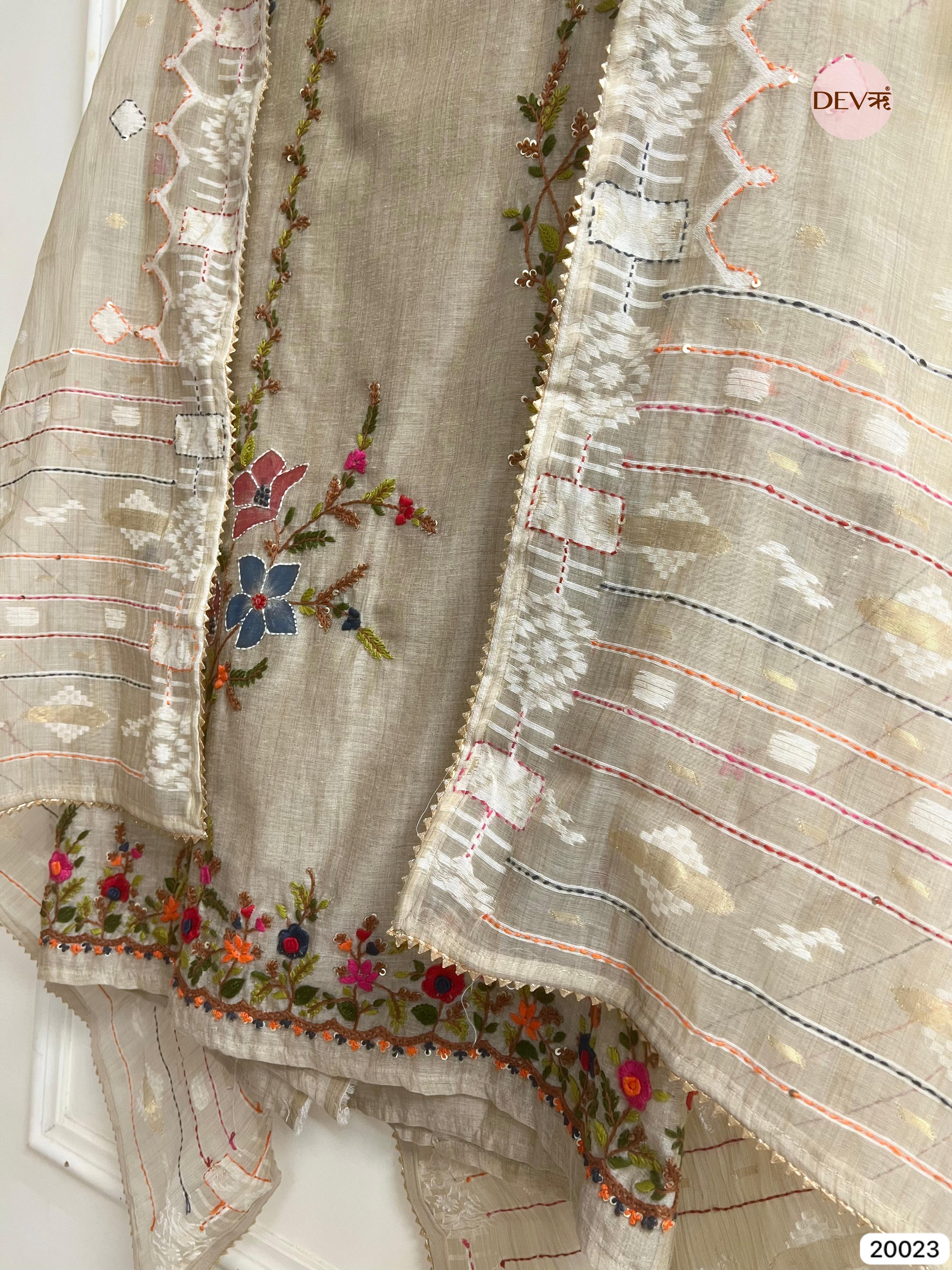 Beige Mul Chanderi Embroidered Unstitched 3-Piece Suit (Devri – D.No . 20023)