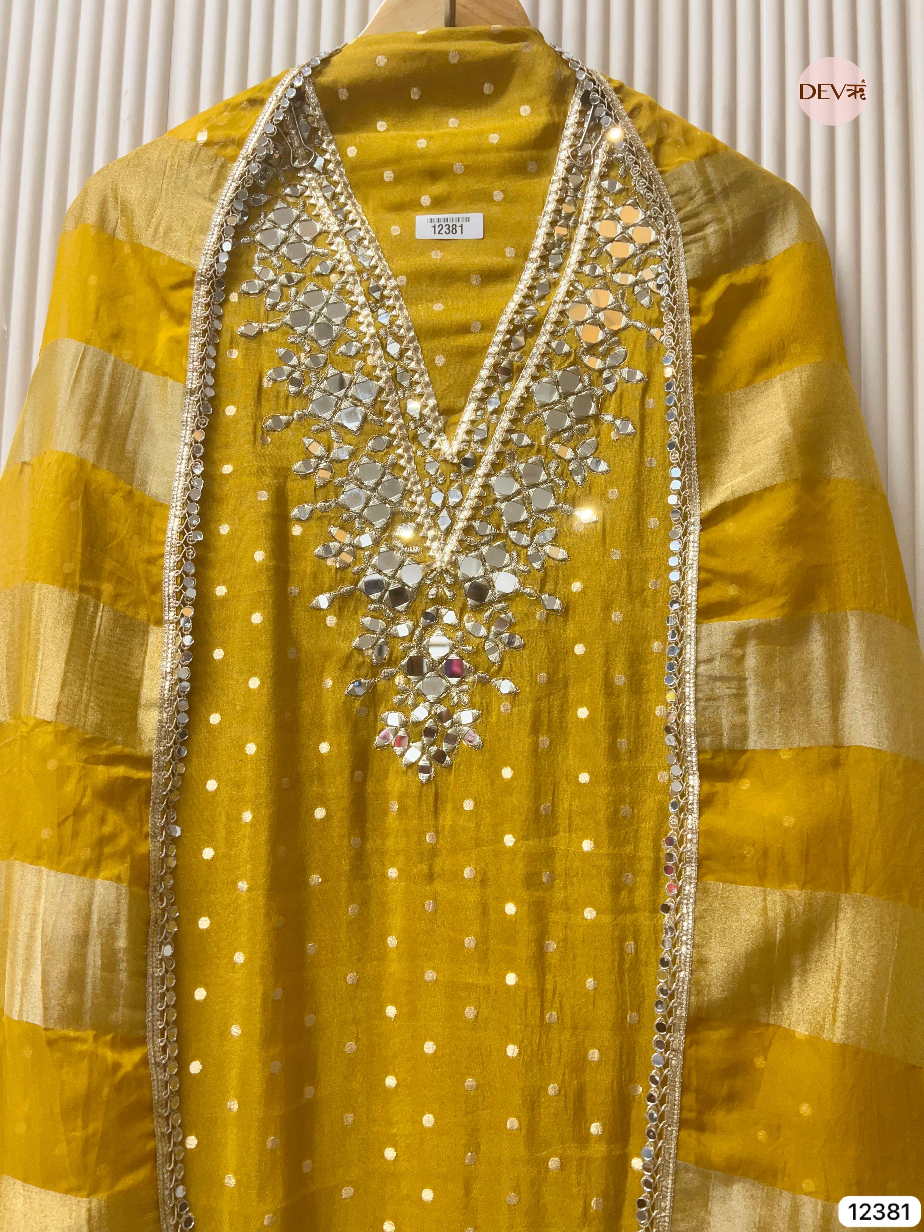 Mustard Yellow Tissue Silk Embroidered Unstitched 3-Piece Suit (Devri – D.No 12381)