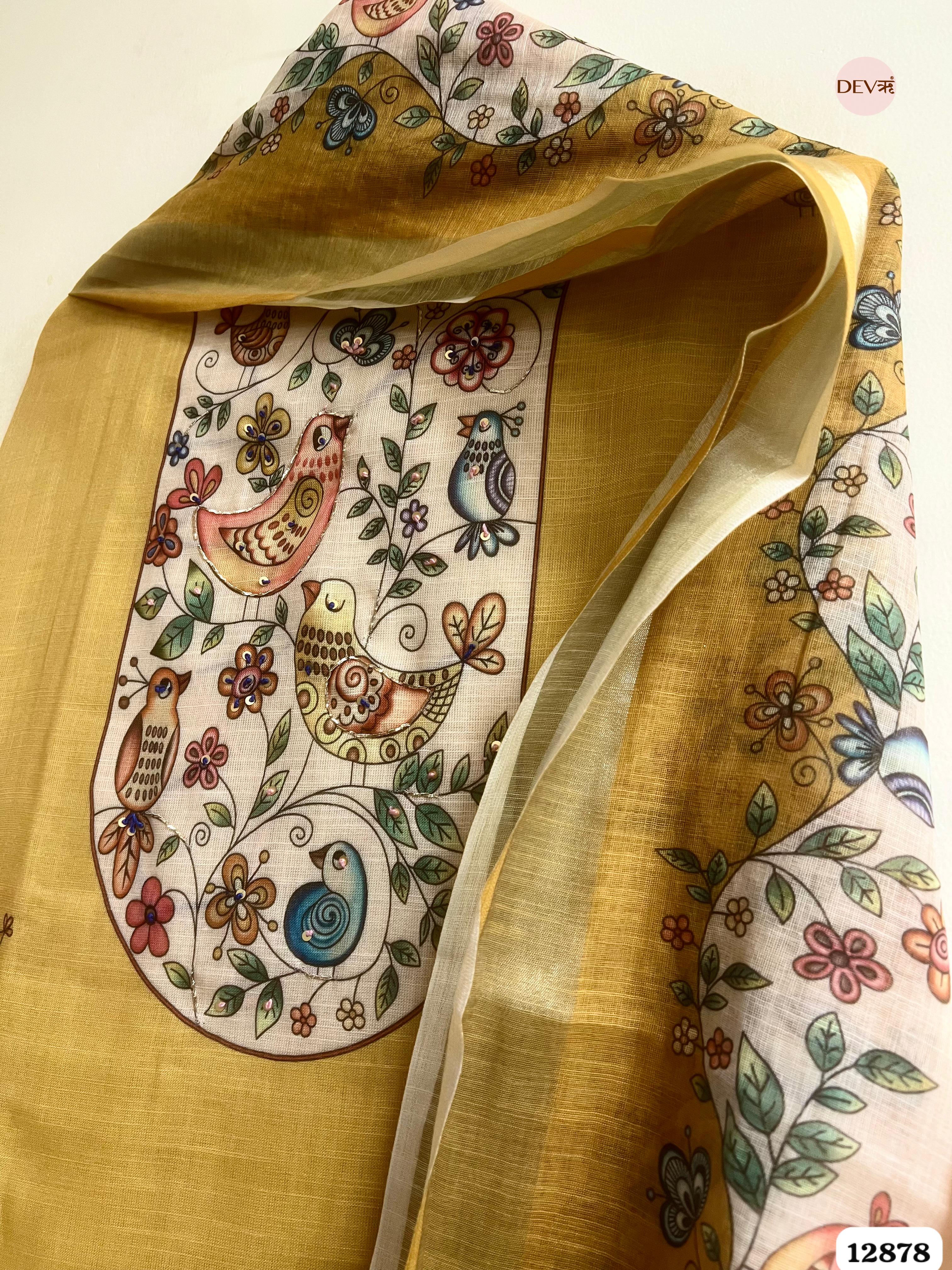 Mustard Yellow Linen Cotton Printed Unstitched 3-Piece Suit (Devri – D.No 12878)
