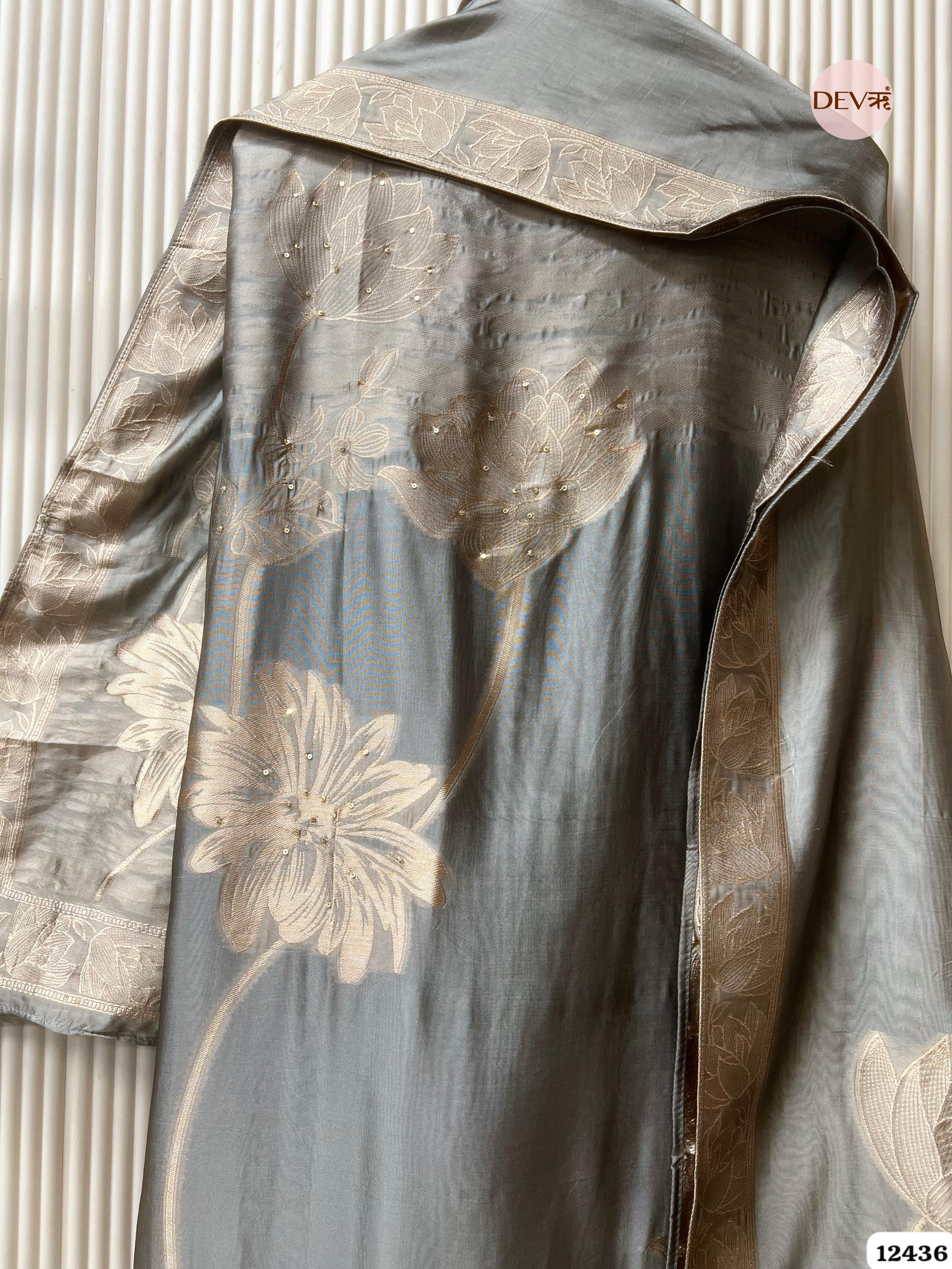 Steel Grey Banarasi Silk Printed Unstitched 3-Piece Suit (Devri – D.No. 12436)