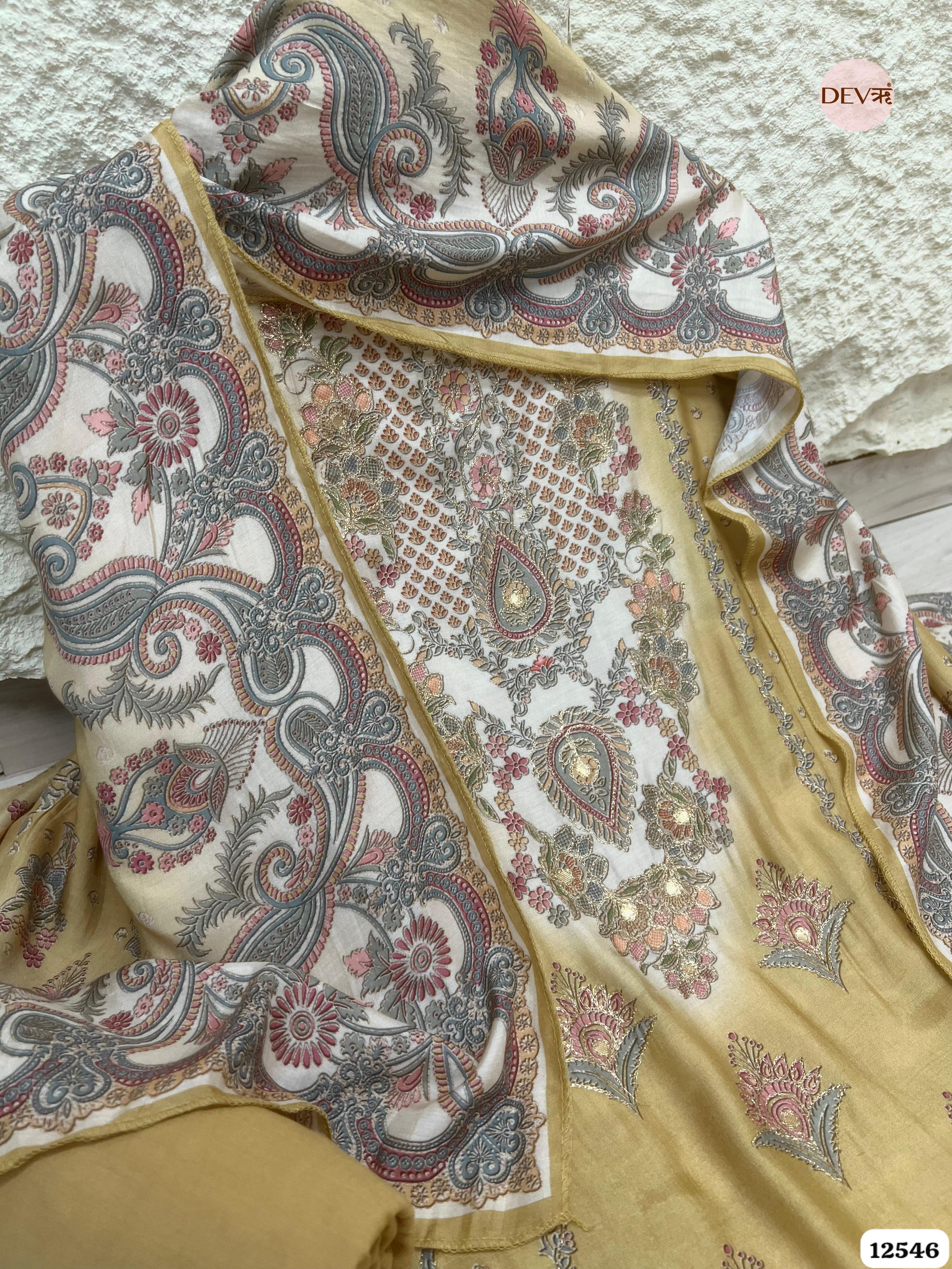 Mustard Muslin Embroidered Unstitched 3-Piece Suit (Devri – D.No 12546)