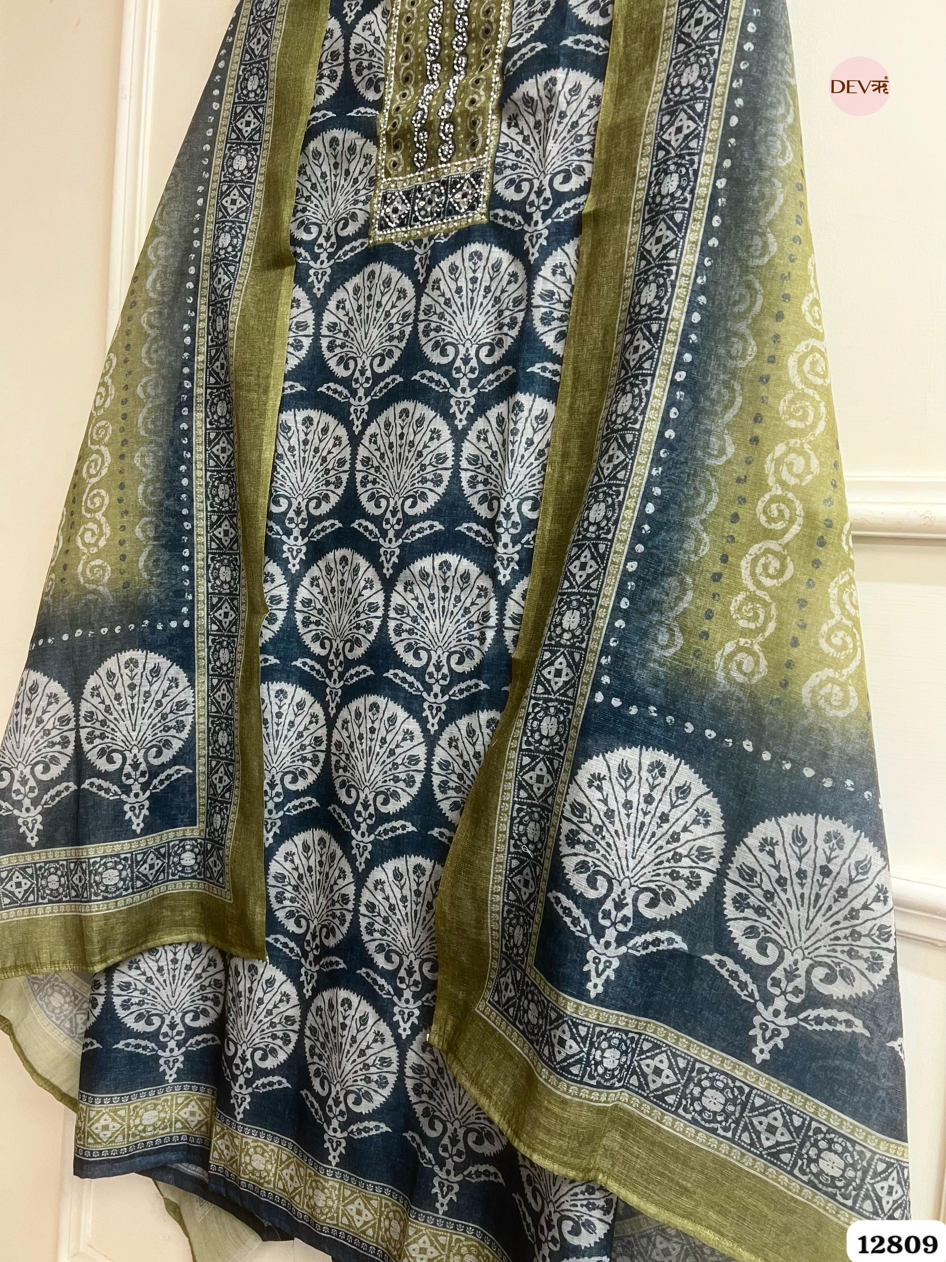 Olive Linen Cotton Printed Unstitched 3-Piece Suit (Devri – D.No 12809)