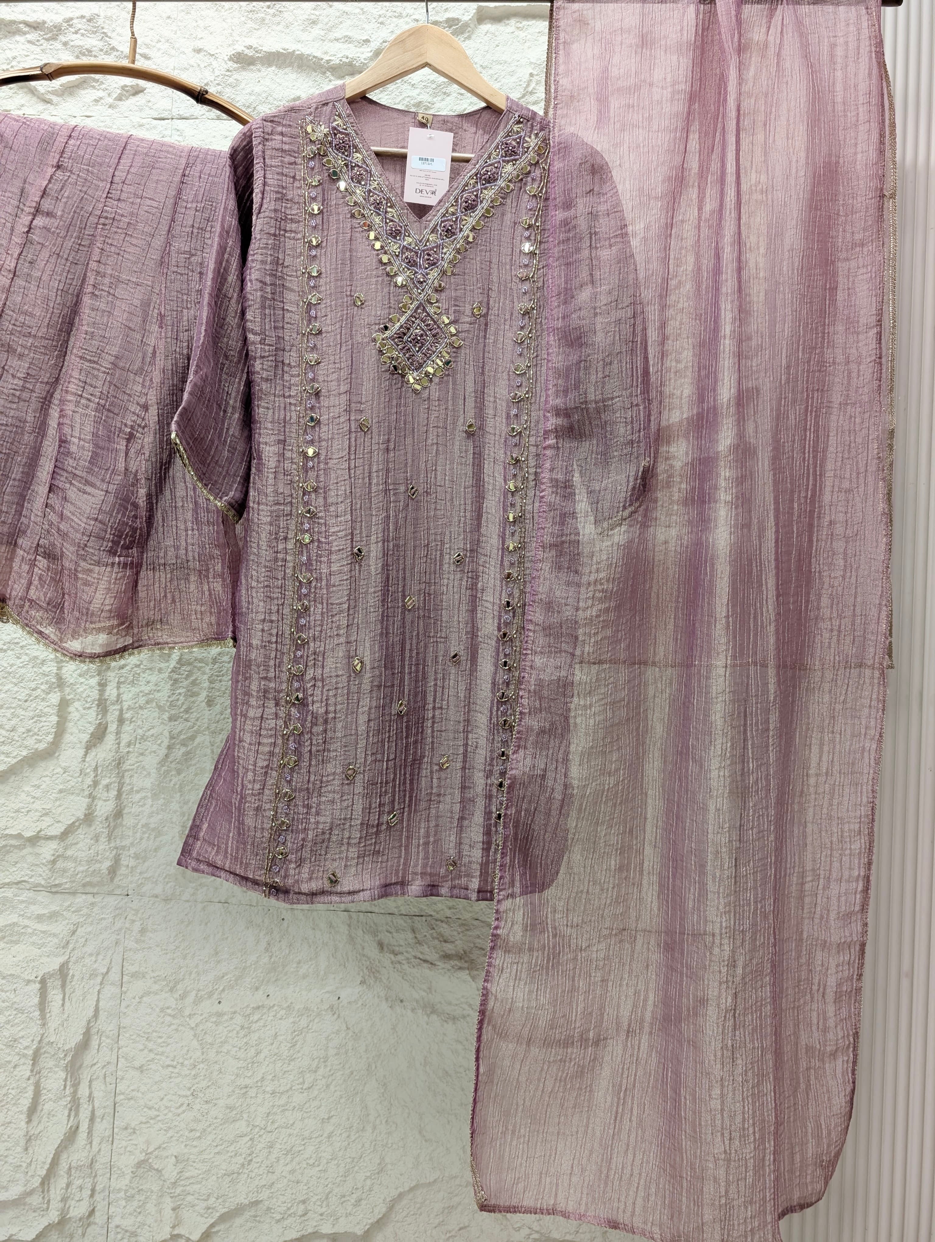 Gulnaar Tissue silk Embroidered Mauve 3-Piece Set (Devri – D.No 13713)