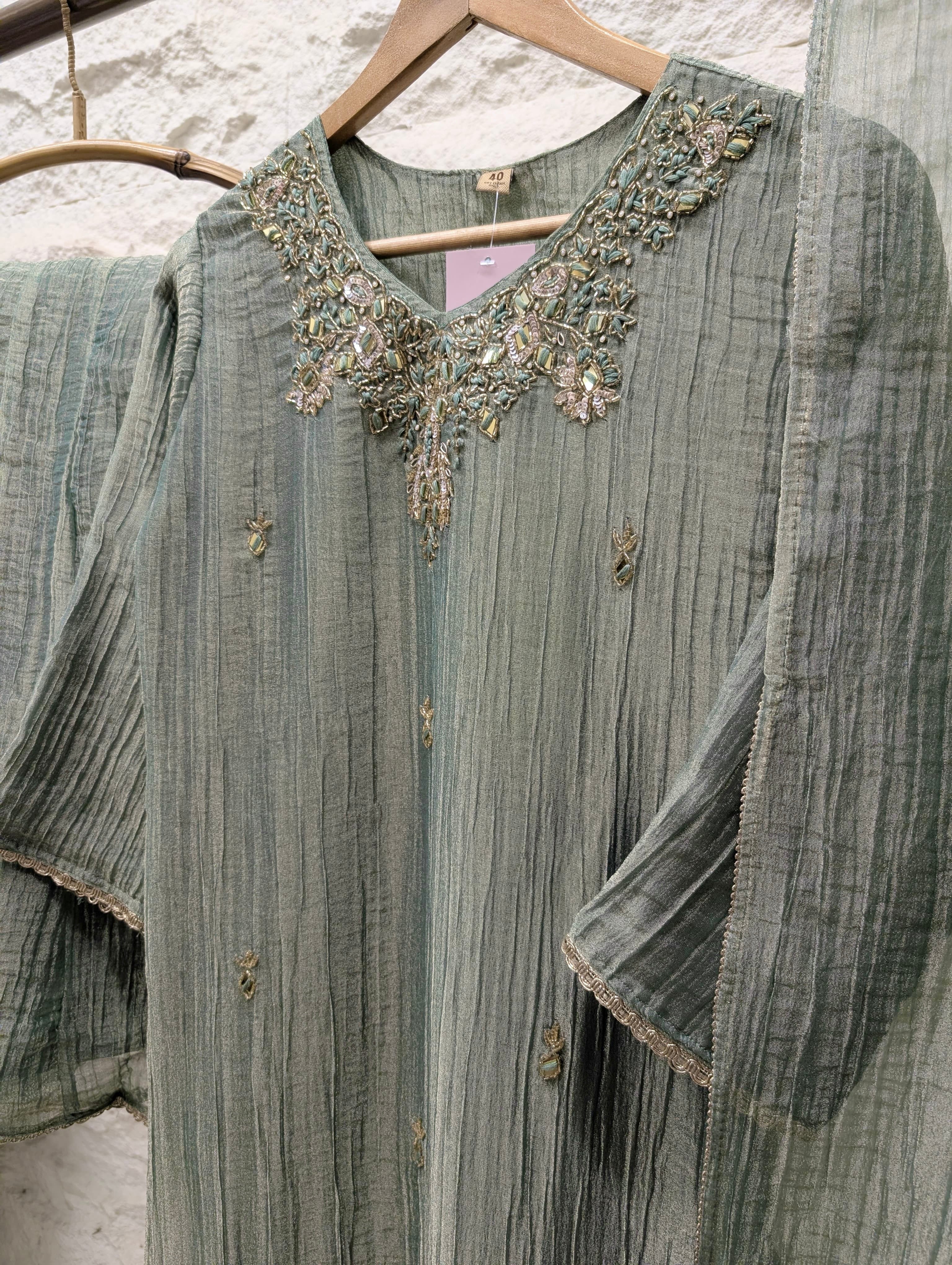 Gulnaar Tissue crush silk Embroidered Sage Green 3-Piece Set (Devri – D.No 13753)
