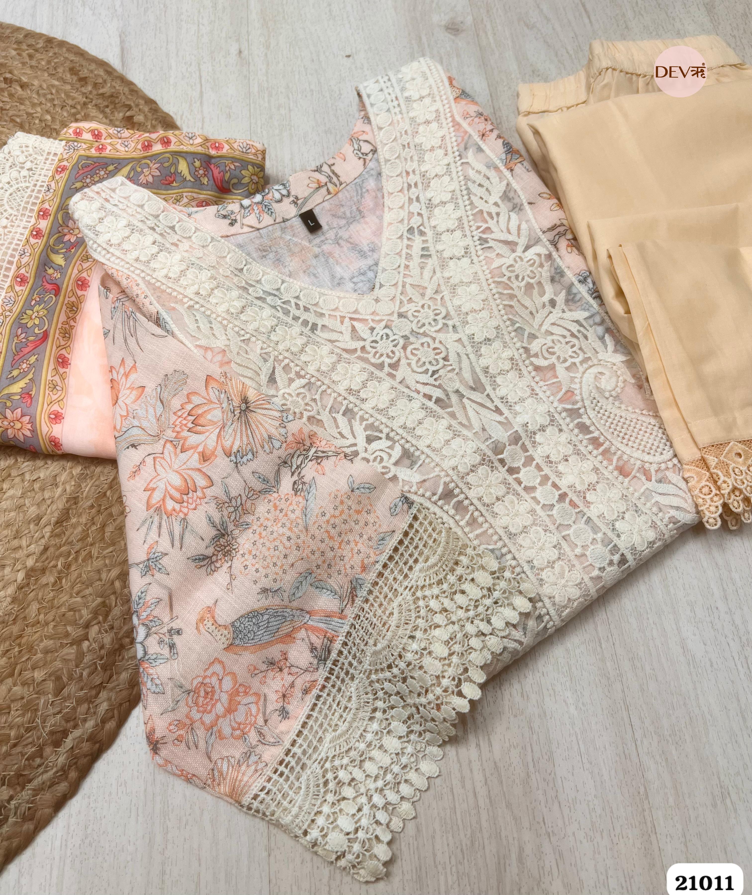 Vanya Pure Cotton Printed Peach 3-Piece Set (Devri – D.No 21011)