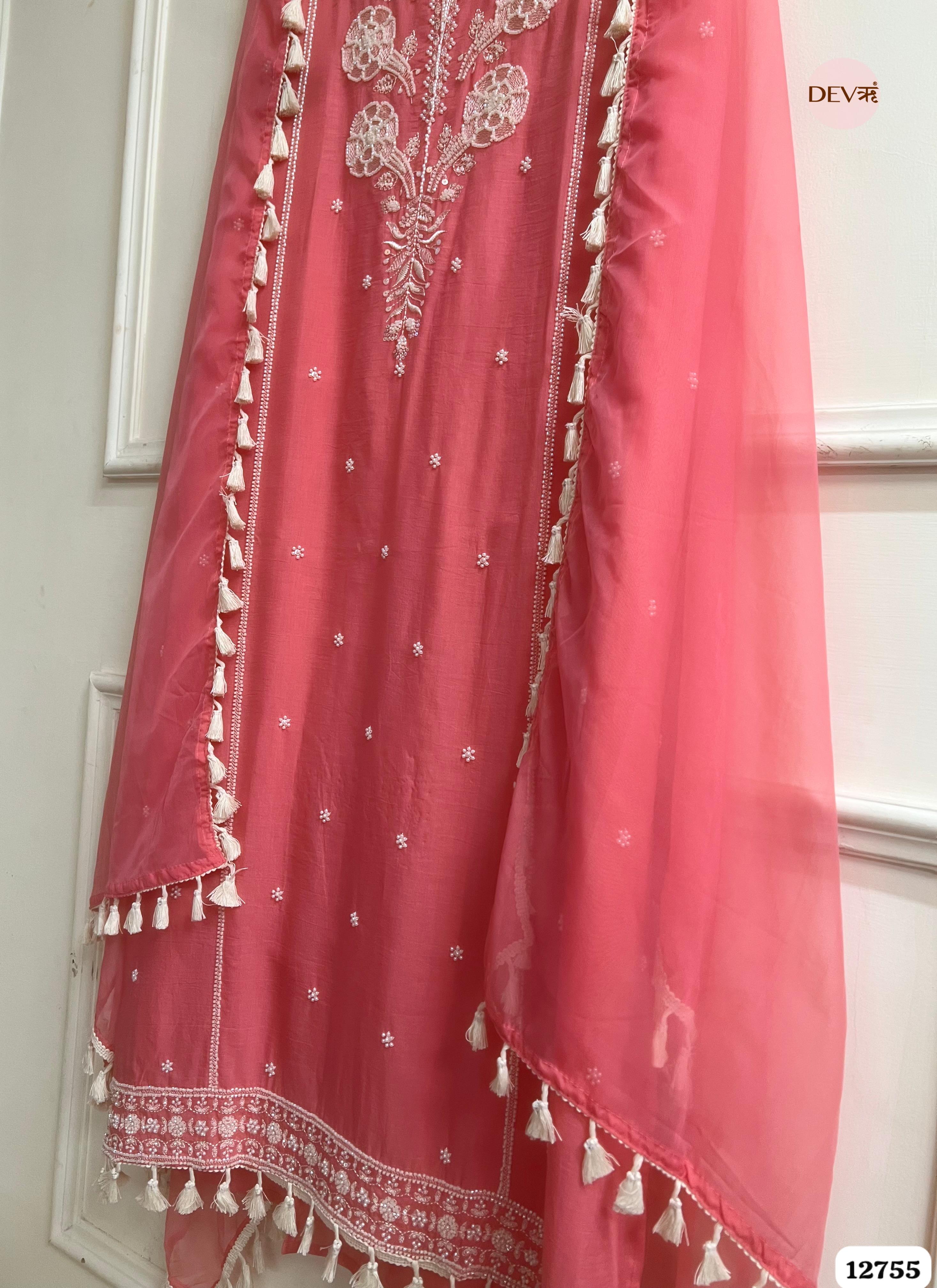 Coral Pink Mul Cotton Embroidered Unstitched 3-Piece Suit (Devri – D.No 12755)