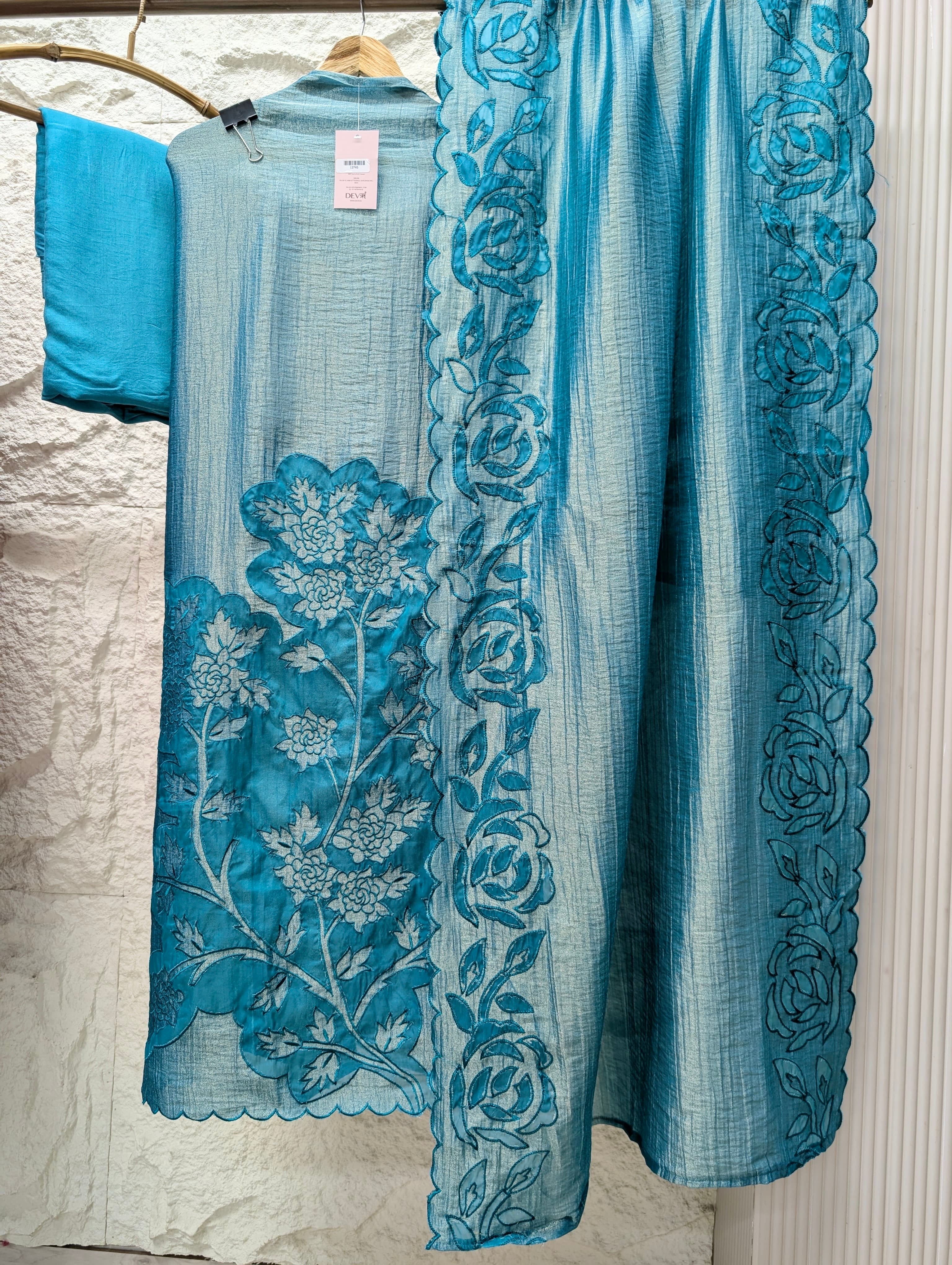 Blue Tissue Crush Silk Embroidered Unstitched 3-Piece Suit (Devri – D.No 13745)