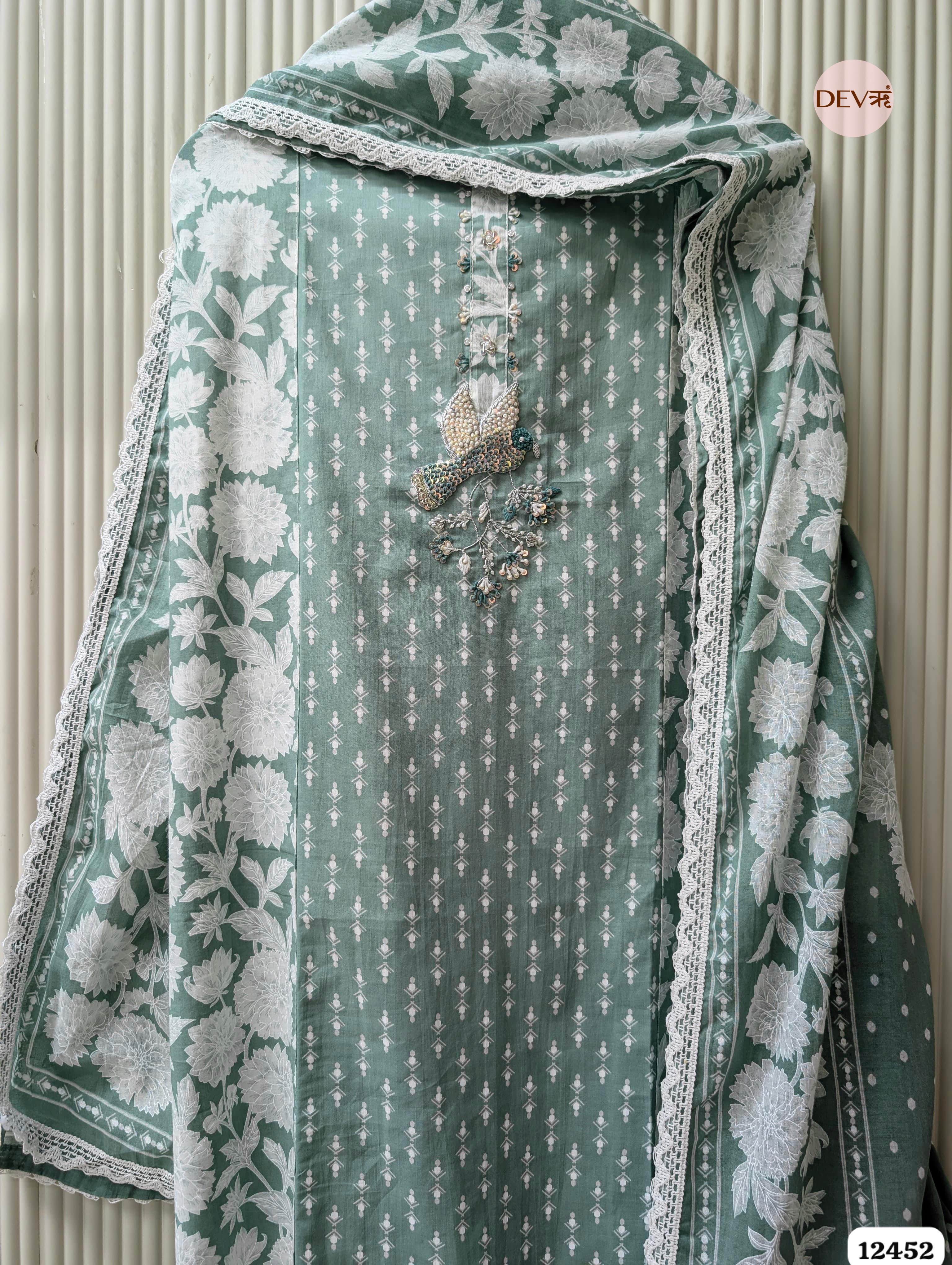 Sage Green Pure Cotton Printed & Embroidered Unstitched 3-Piece Suit (Devri – D.No 12452)