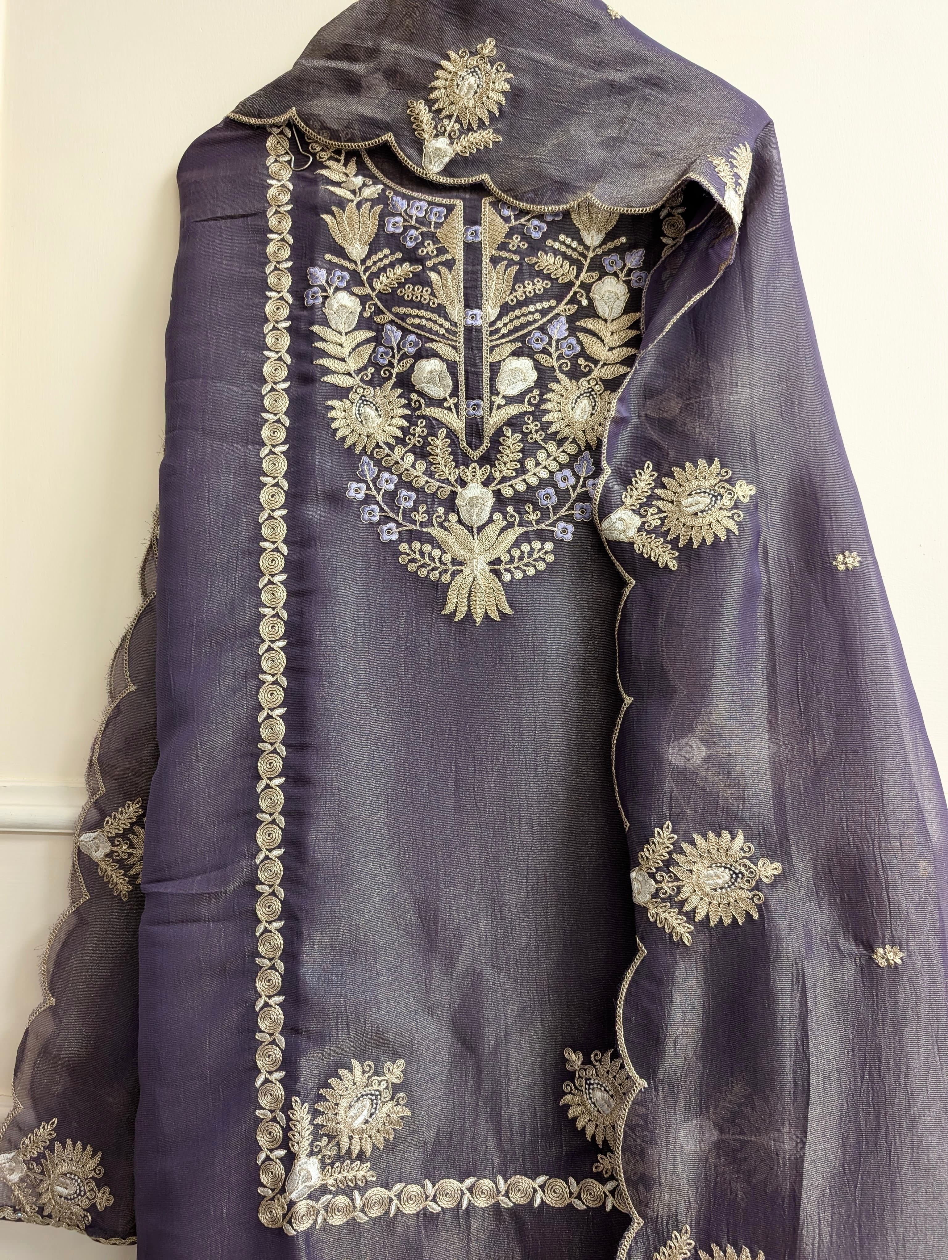 Purple Pure Tissue Silk Embroidered Unstitched 3-Piece Suit (Devri – D.No 13759)