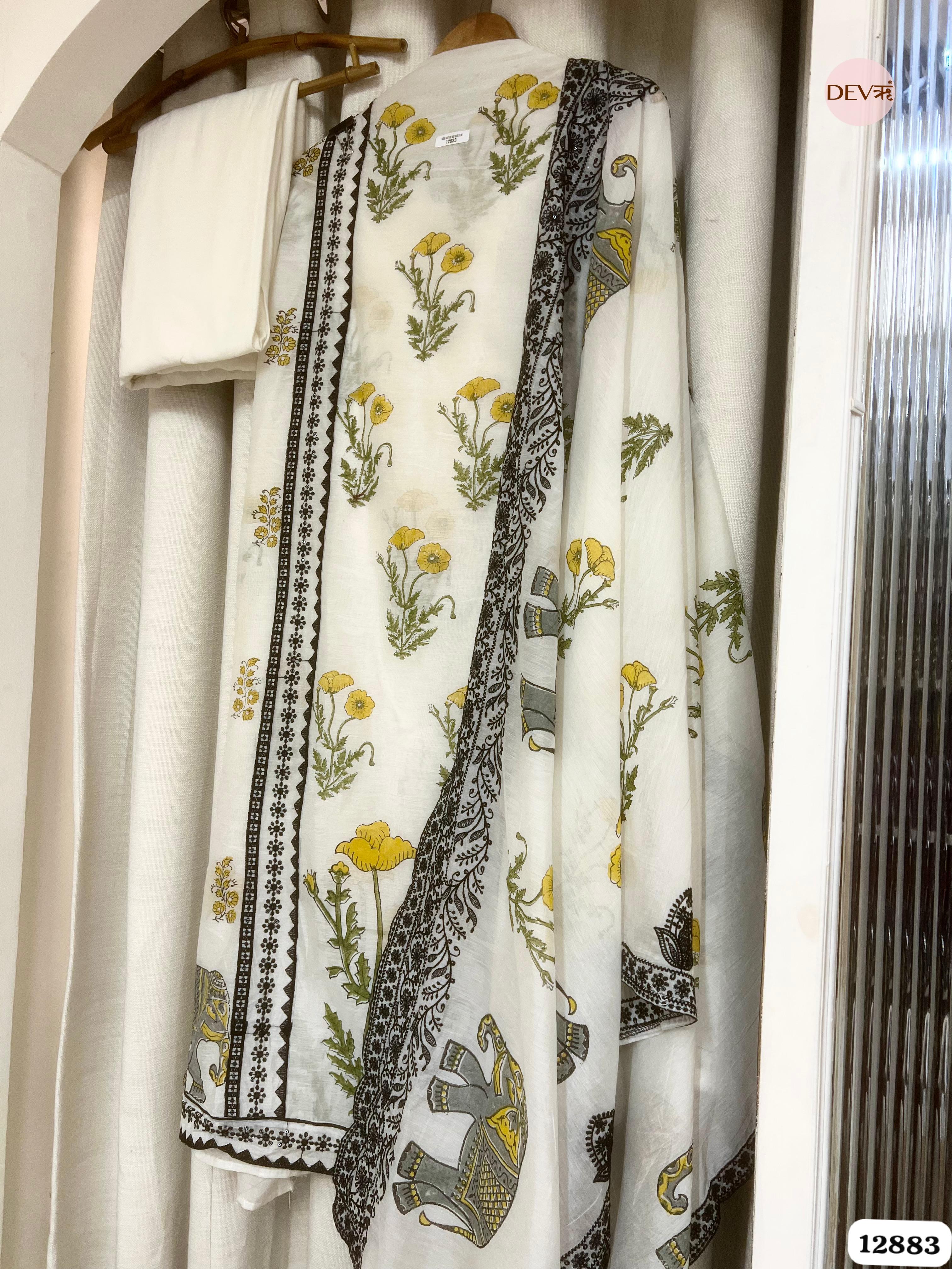 White Mul Chanderi Printed Unstitched 3-Piece Suit (Devri – D.No 12883)