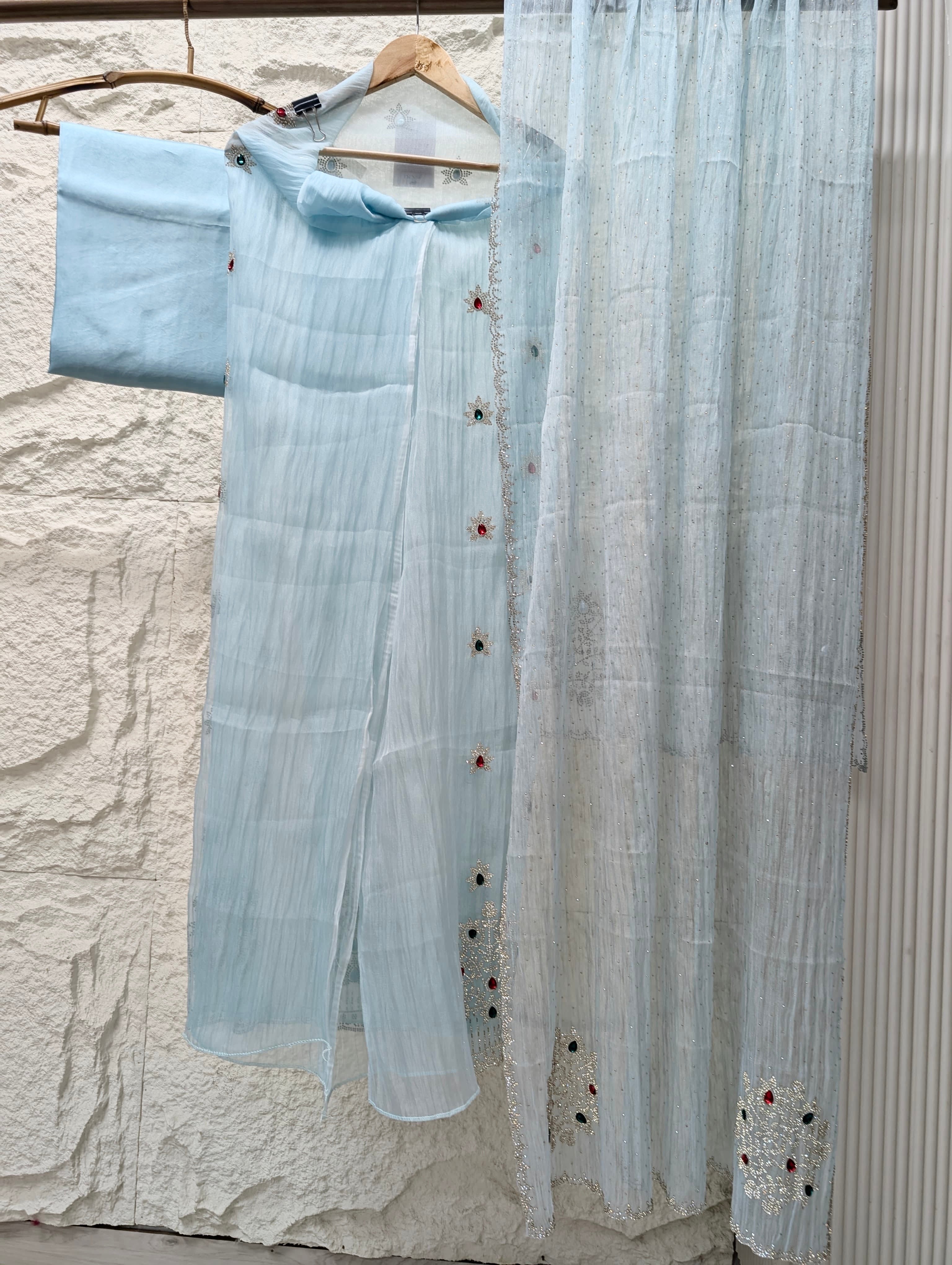 Blue Pure Organza Silk Hand Unstitched 3-Piece Suit (Devri – D.No 13636)
