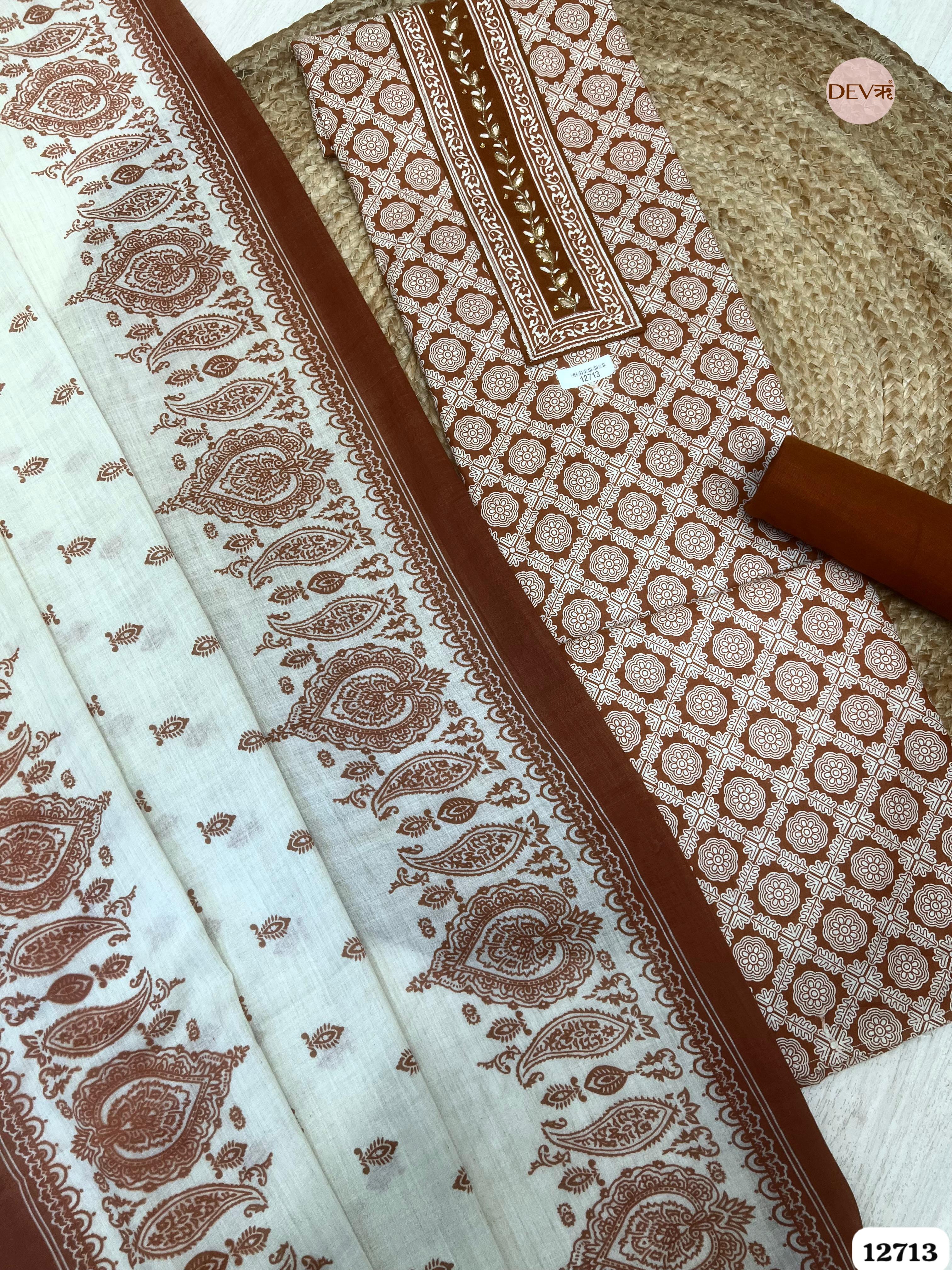 Rust Brown Cotton Printed Unstitched 3-Piece Suit (Devri – D.No 12713)