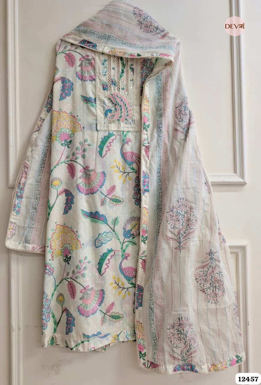 Cream & Multi-Color Pure Cotton Printed Unstitched 3-Piece Suit (Devri – D.No. 12457)