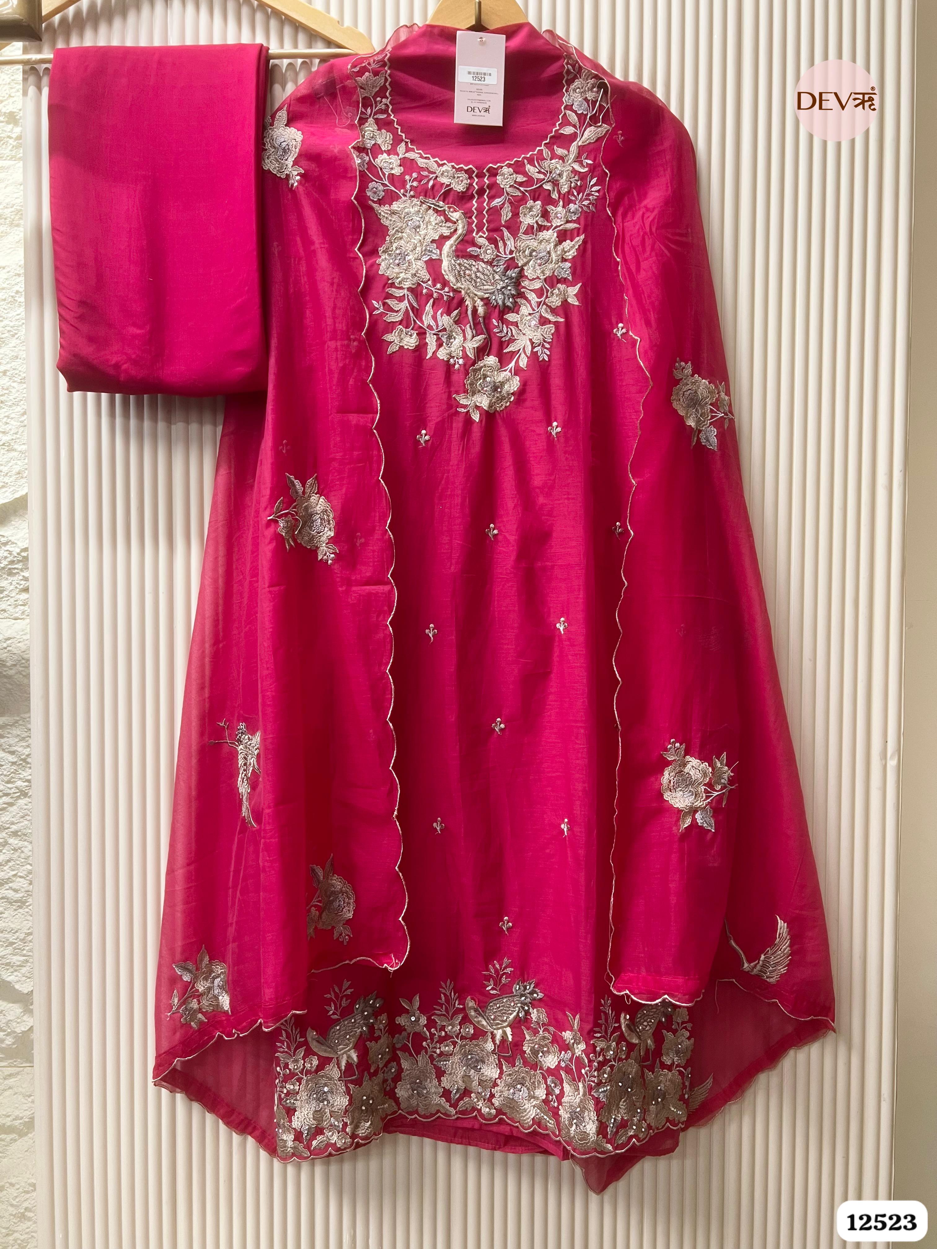 Deep Pink Pure Mul Chanderi Embroidered Unstitched 3-Piece Suit (Devri – D.No .12523)