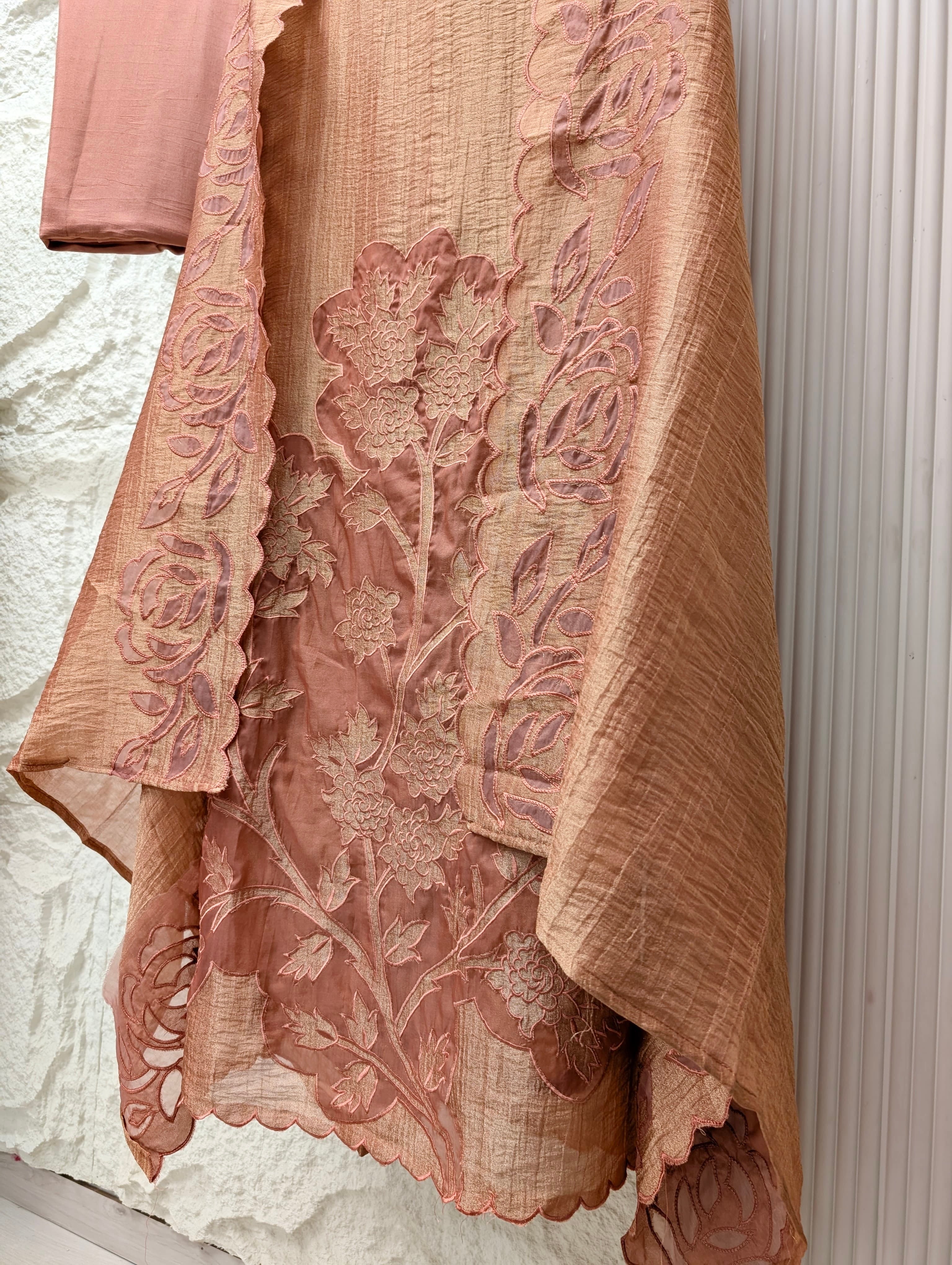 Peach Tissue Crush Silk Embroidered Unstitched 3-Piece Suit (Devri – D.No 13746)