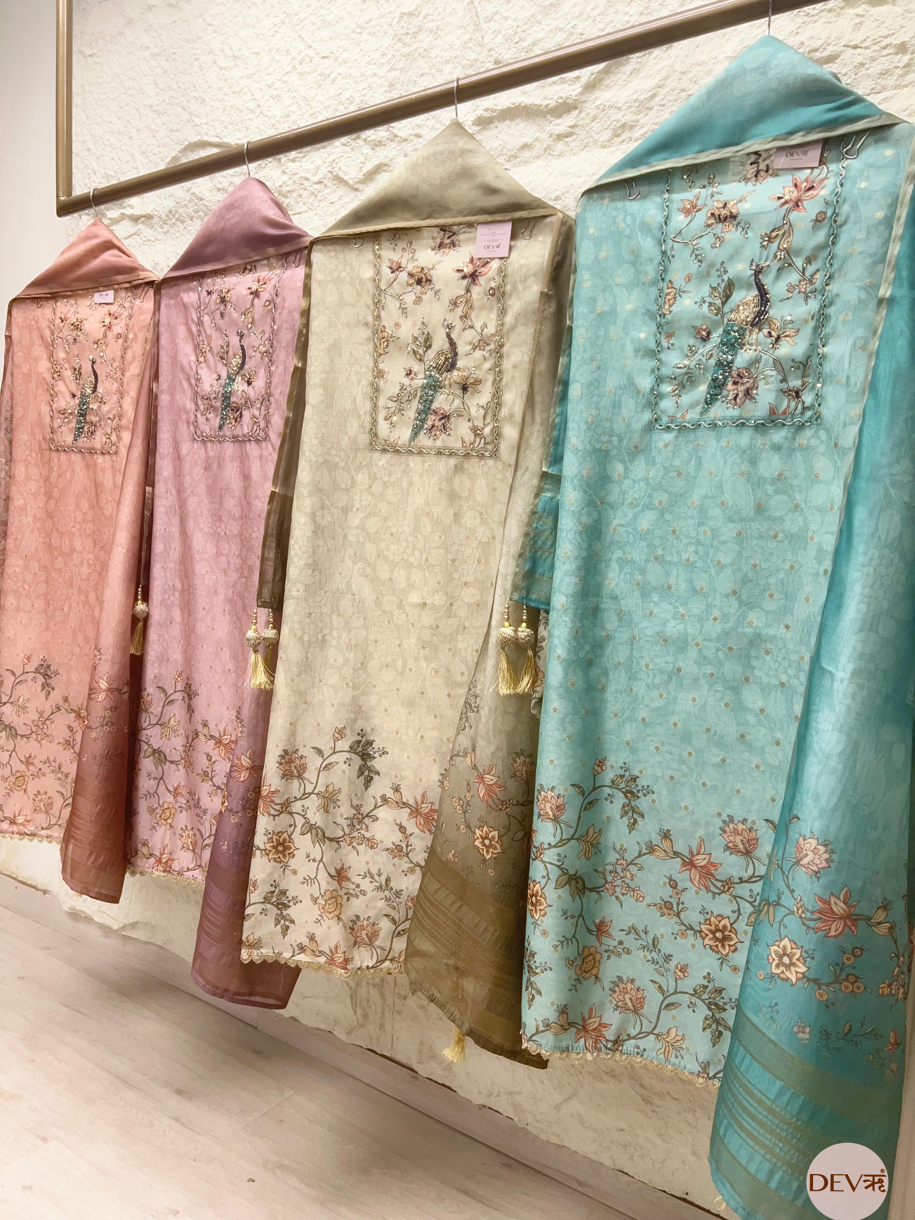 Sea Green Pure Chanderi Hand Embroidered Unstitched 3-Piece Suit (Devri – D.No 20014)