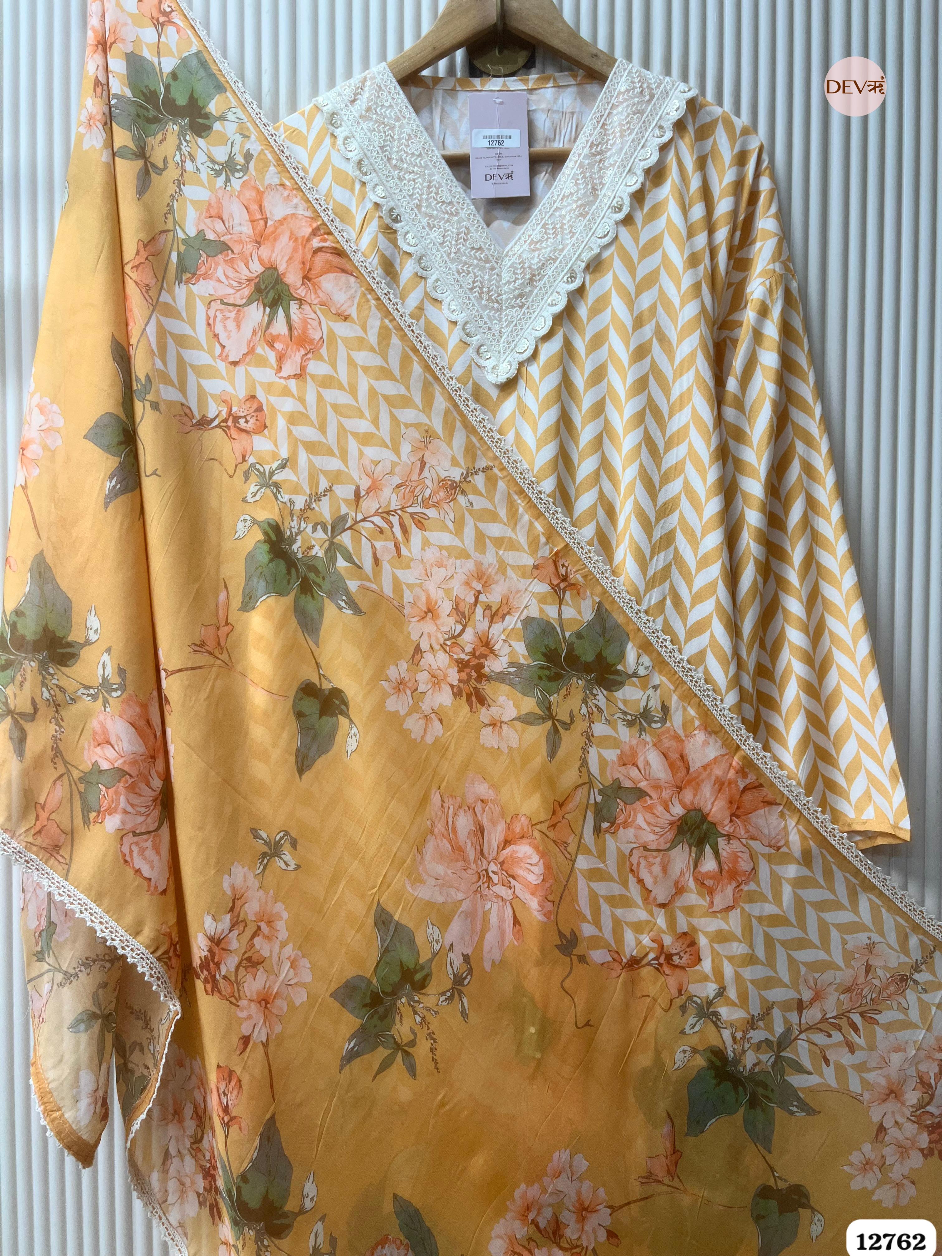 Yellow and Peach Muslin Printed Unstitched 3-Piece Suit (Devri – D.No 12762)