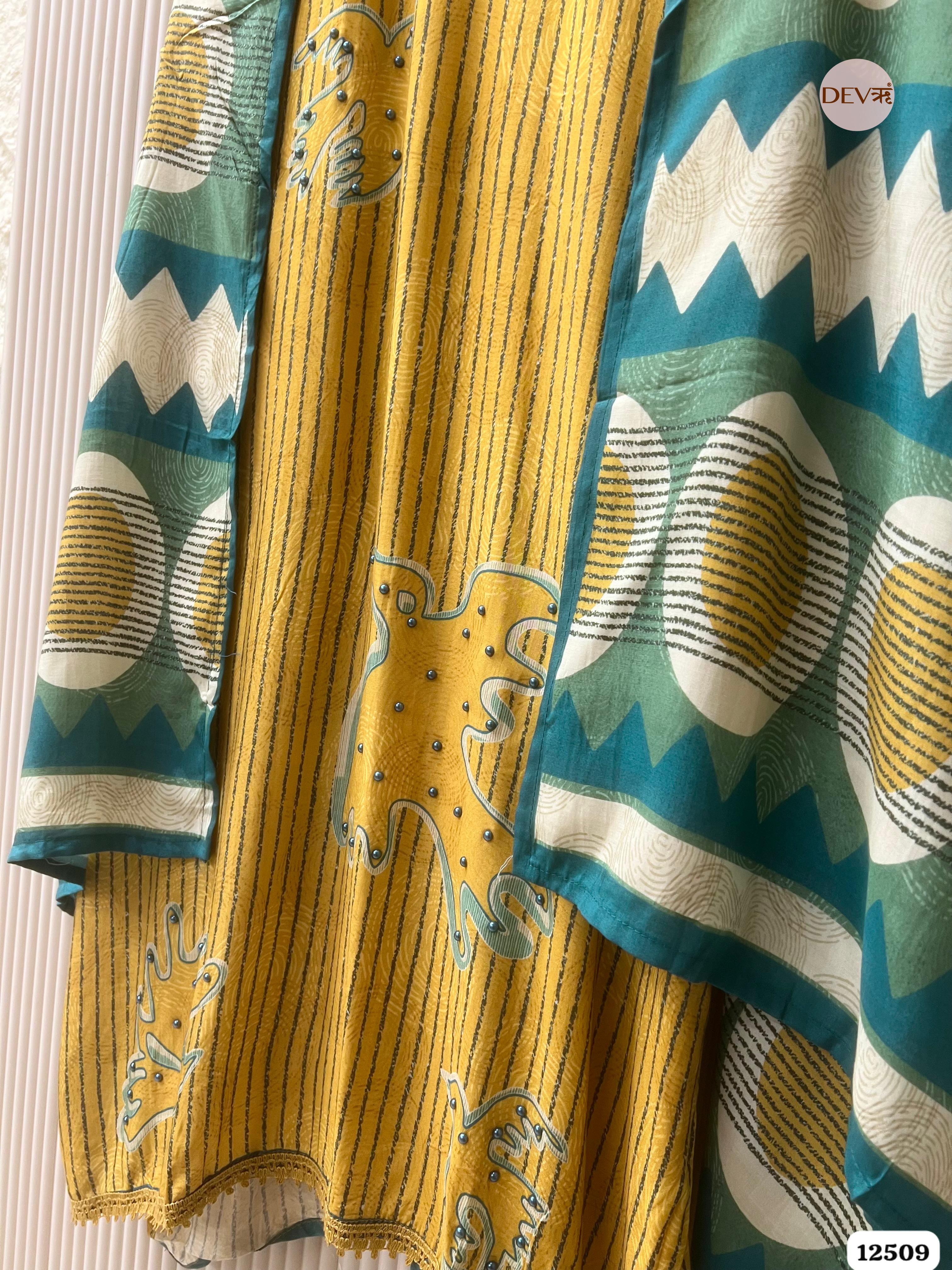 Mustard Muslin Printed Unstitched 3-Piece Suit (Devri – D.No 12509)