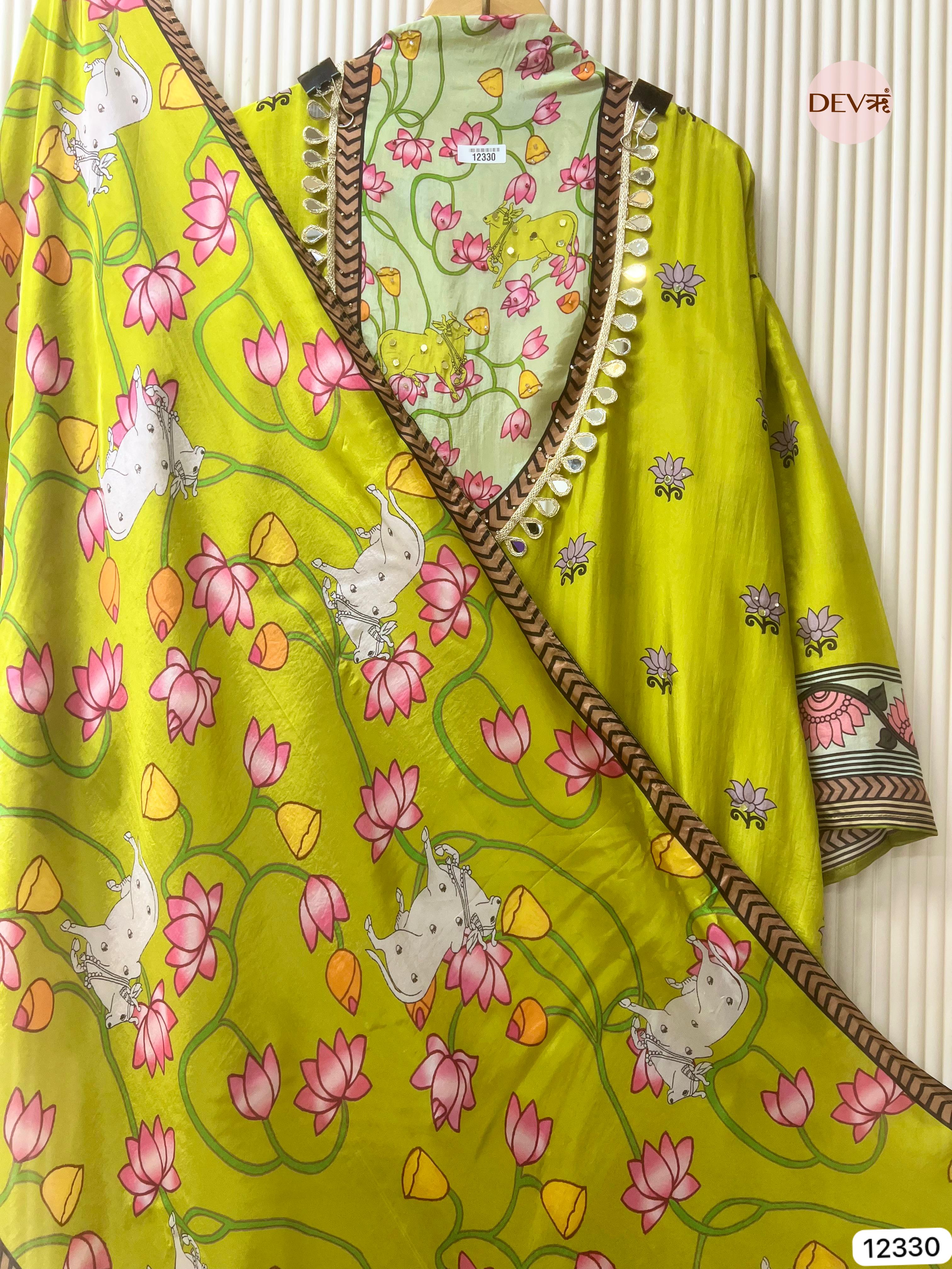 Lime Green Organza Silk Printed Unstitched 3-Piece Suit (Devri – D.No 12330)