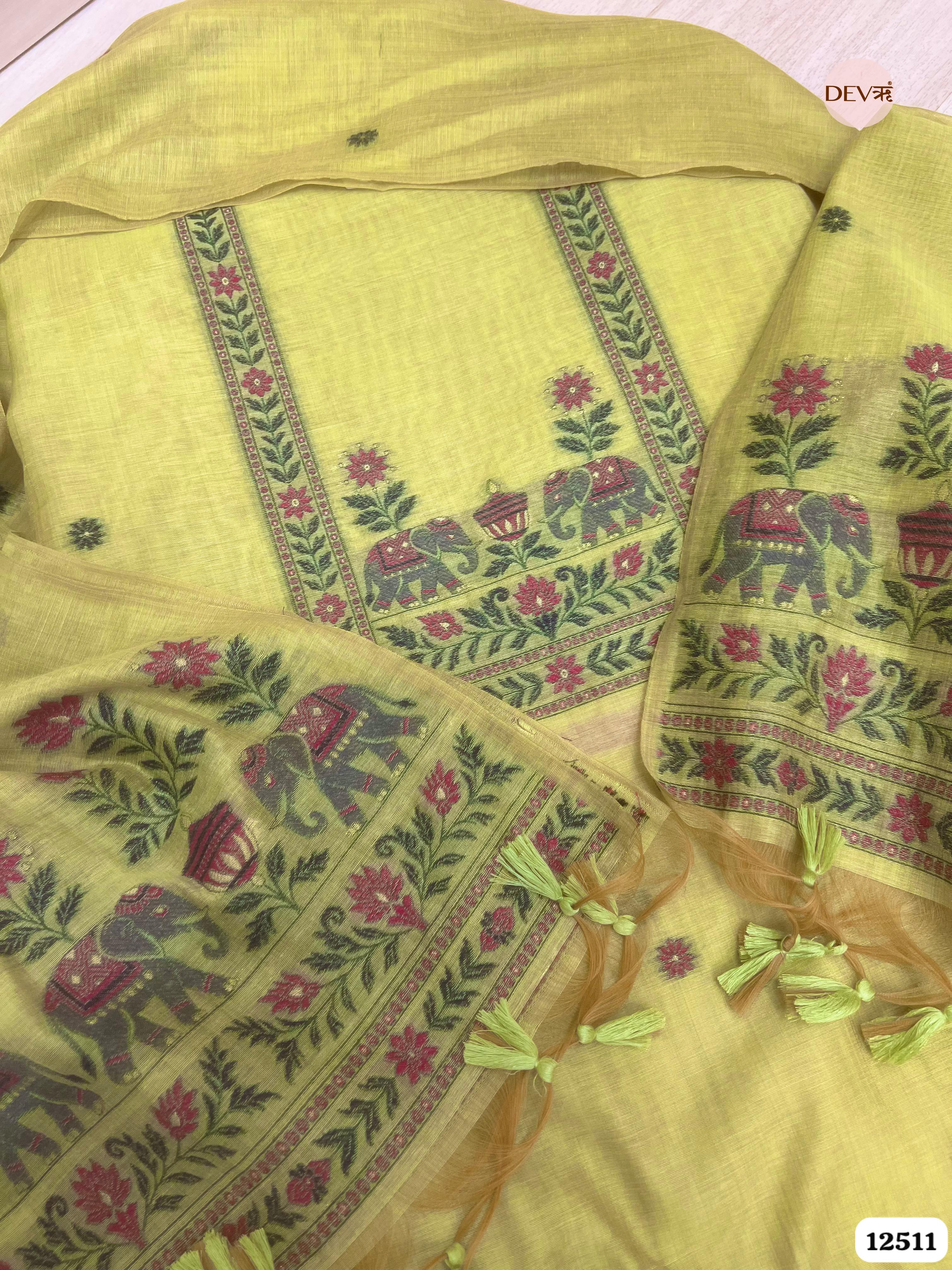 Lime Green Jamdani Embroidered Unstitched 3-Piece Suit (Devri – D.No 12511)
