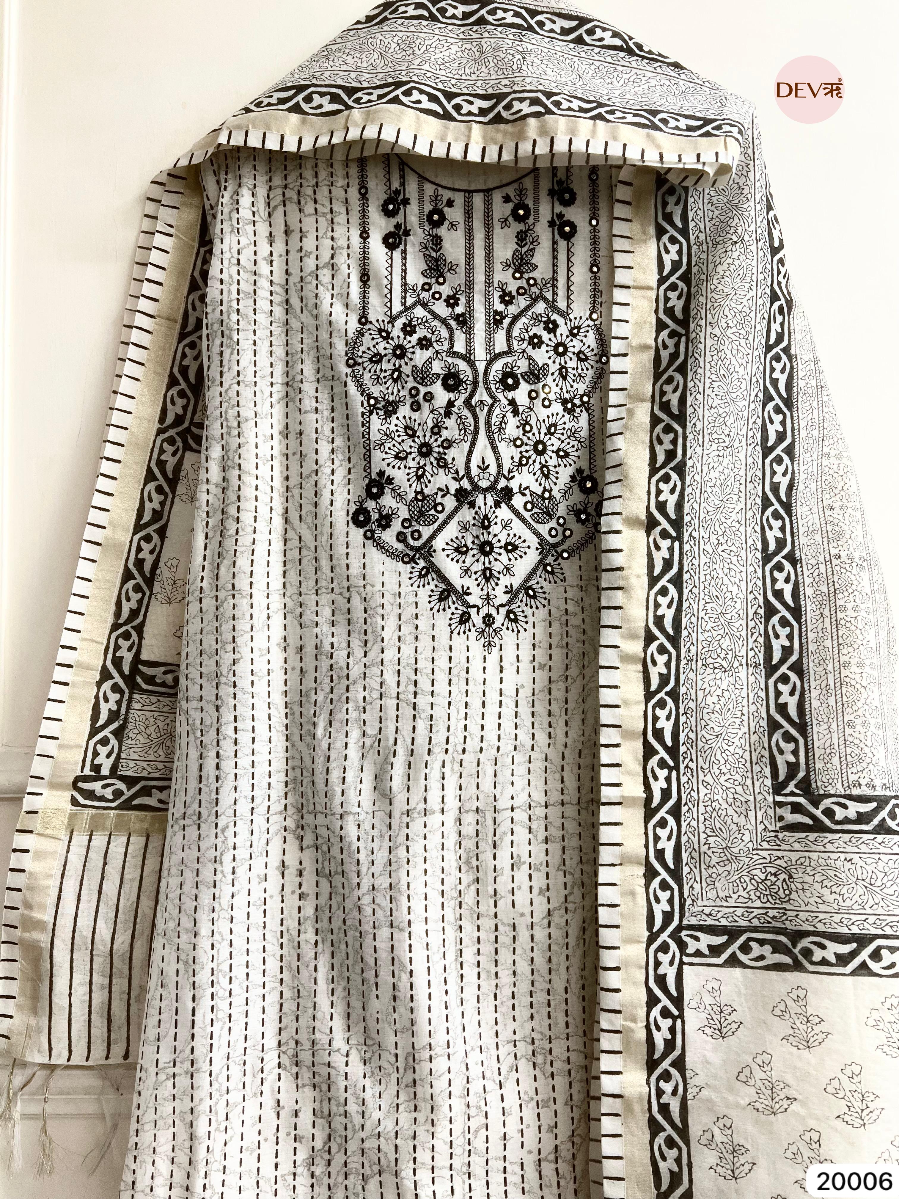 Black and White Pure Linen Cotton Embroidered Unstitched 3-Piece Suit (Devri – D.No 20006)