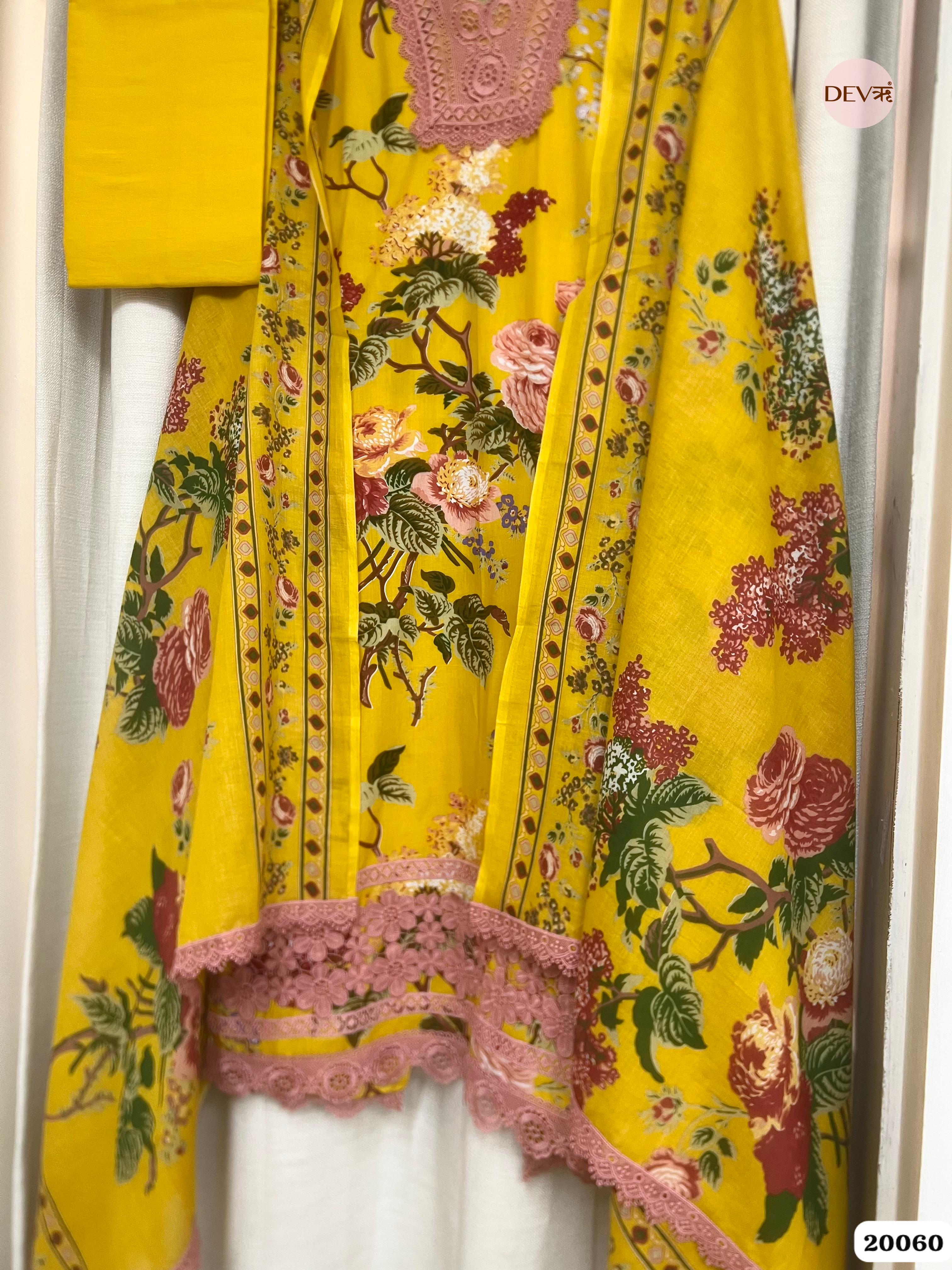 Mustard Yellow Cotton Printed Unstitched 3-Piece Suit (Devri – D.No. 20060)