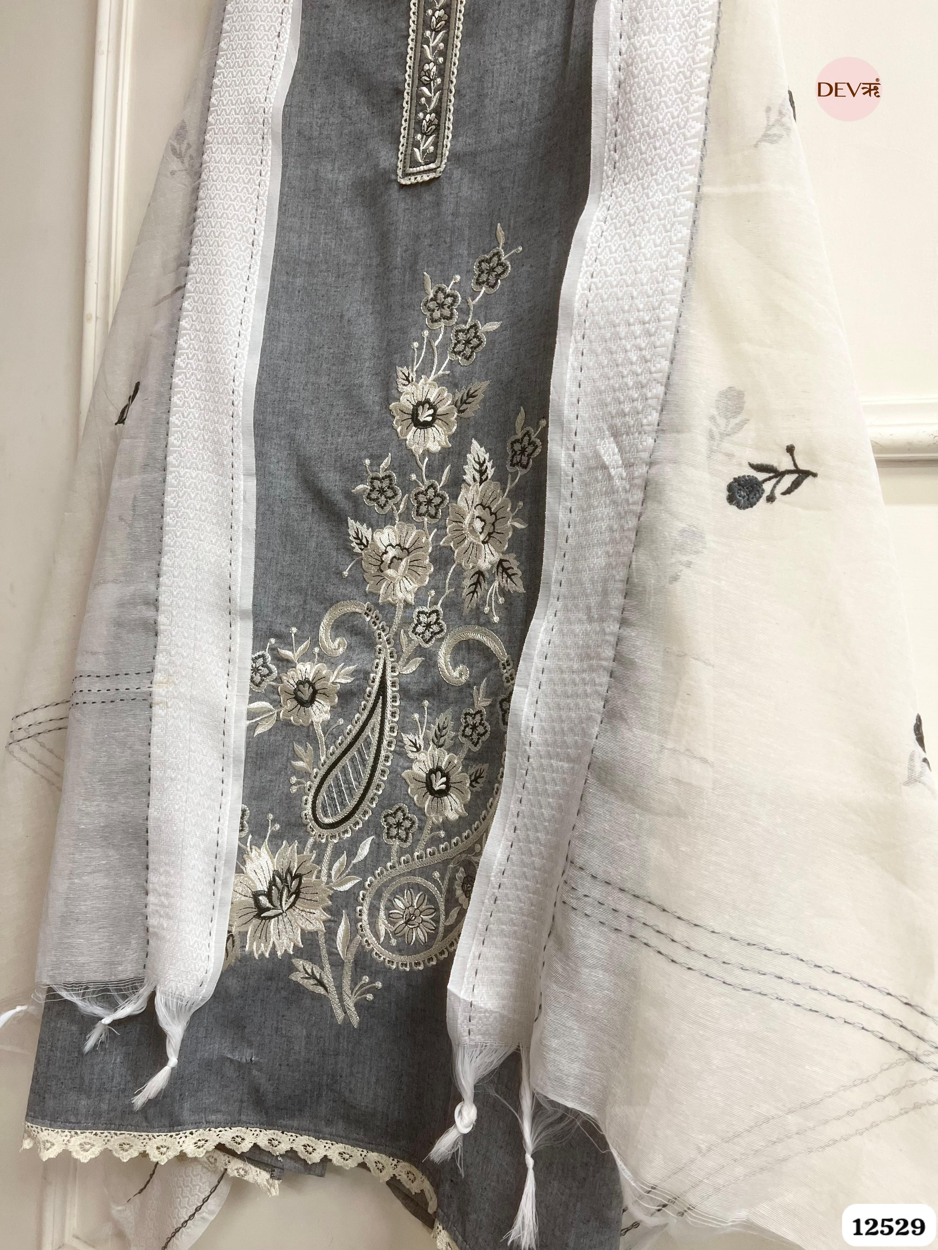 Slate Grey Handloom Cotton Embroidered Unstitched 3-Piece Suit (Devri – D.No. 12529)