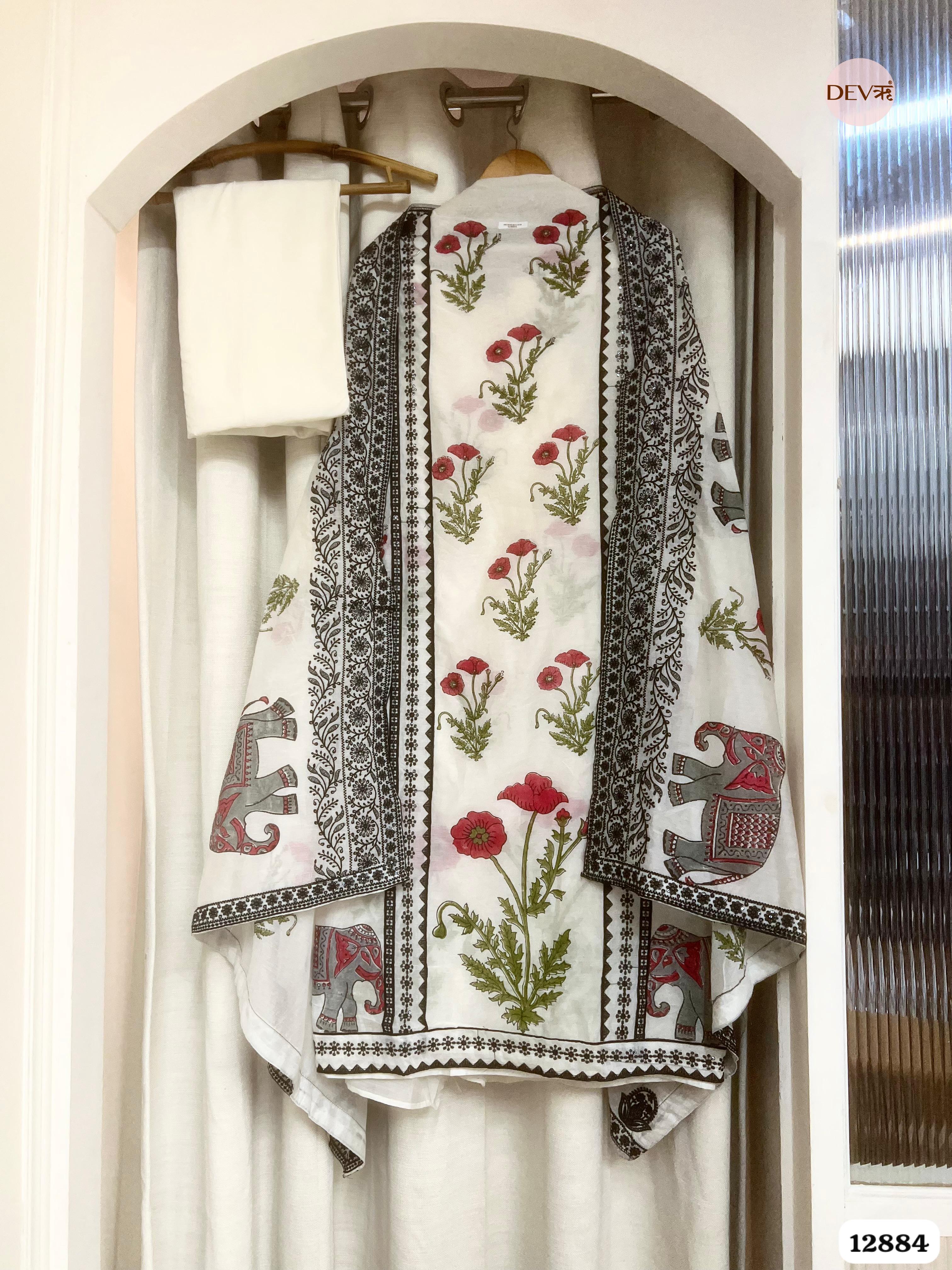 White Mul Chanderi Printed Unstitched 3-Piece Suit (Devri – D.No 12884)