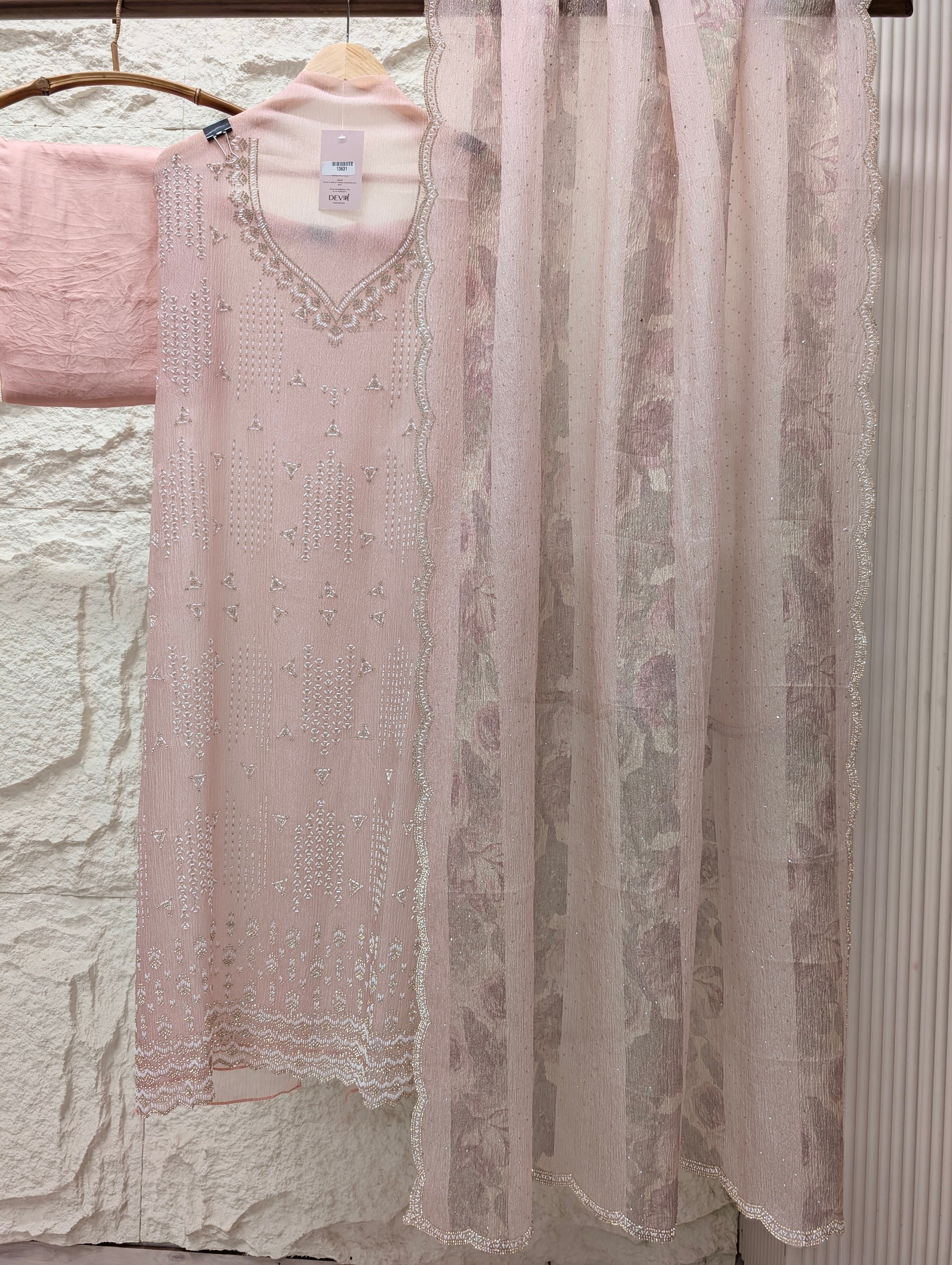 Pink Pure Crush Silk Embroidered Unstitched 3-Piece Suit (Devri – D.No 13631)
