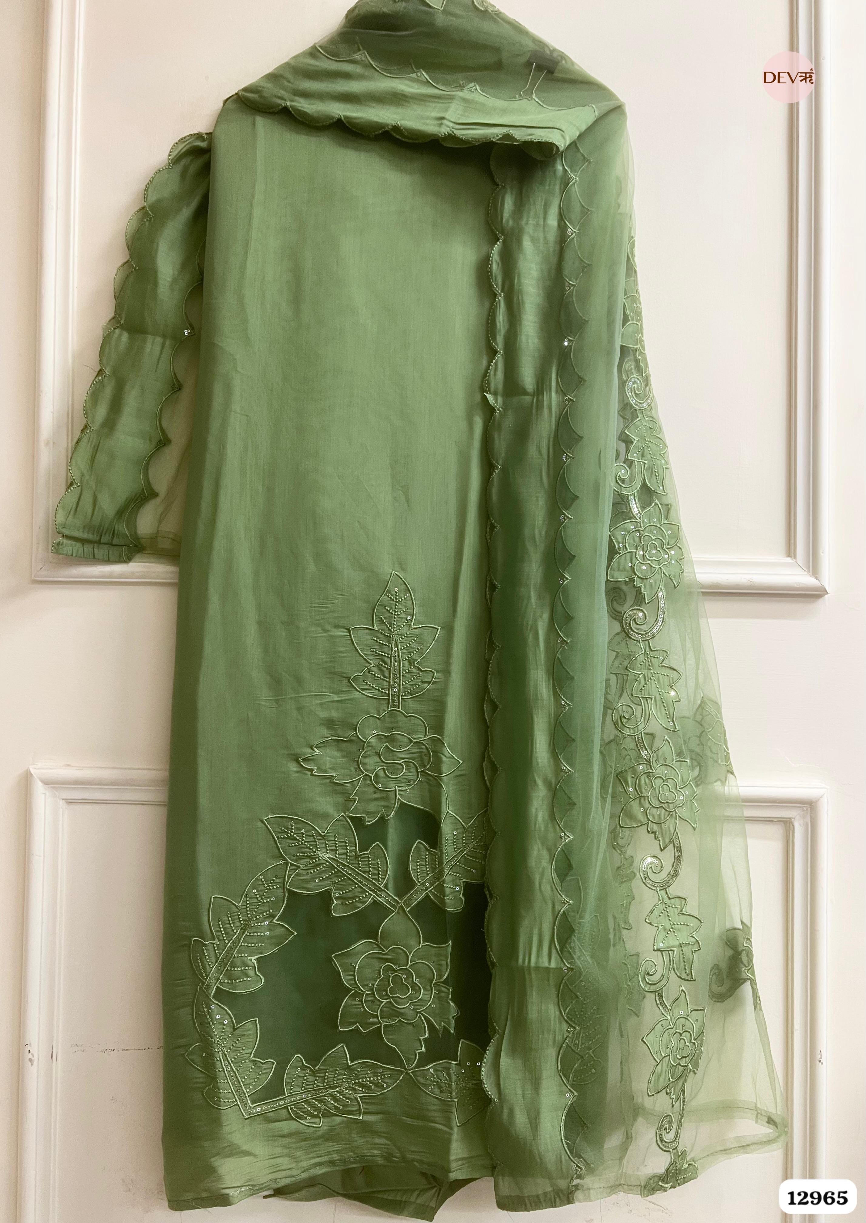 Green Roman Silk Embroidered Unstitched 3-Piece Suit (Devri – D.No 12965)