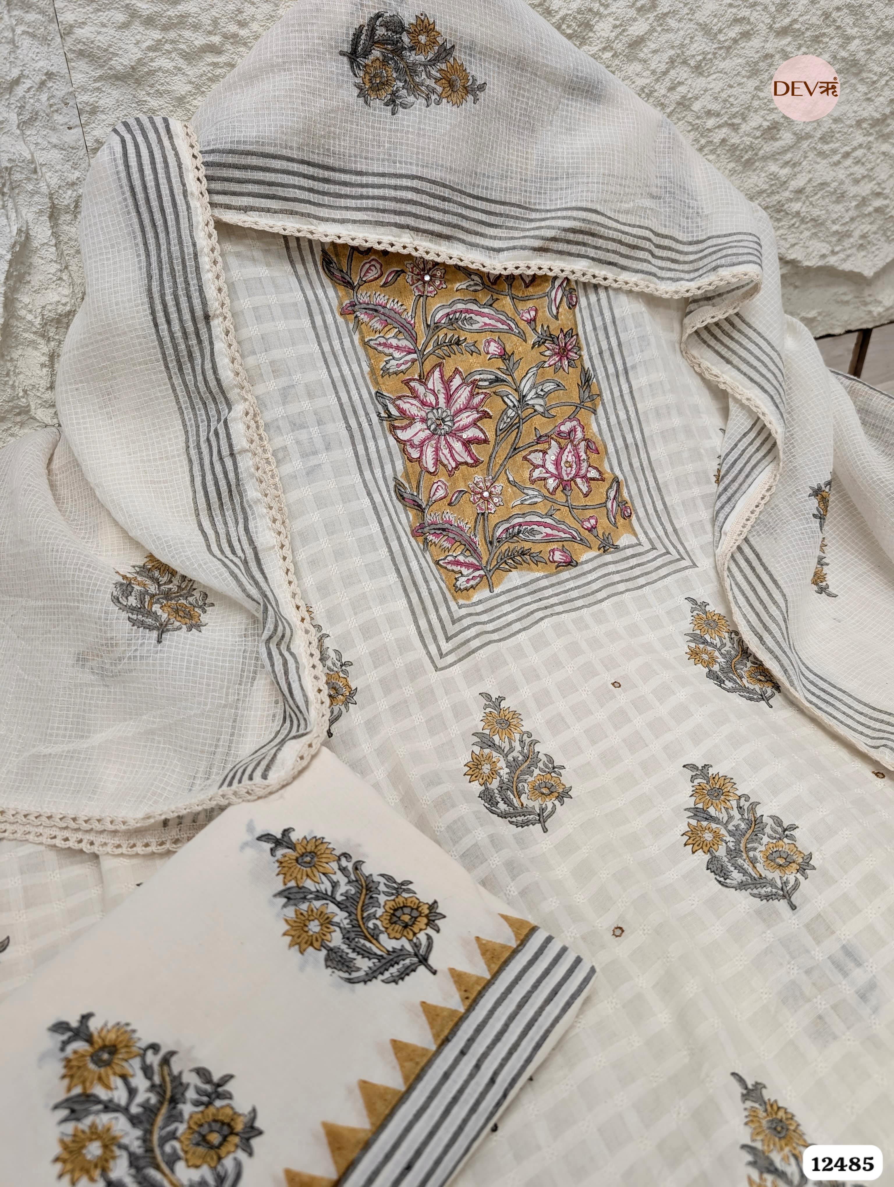 white & Yellow Pure Cotton Printed Unstitched 3-Piece Suit (Devri – D.No 12485)