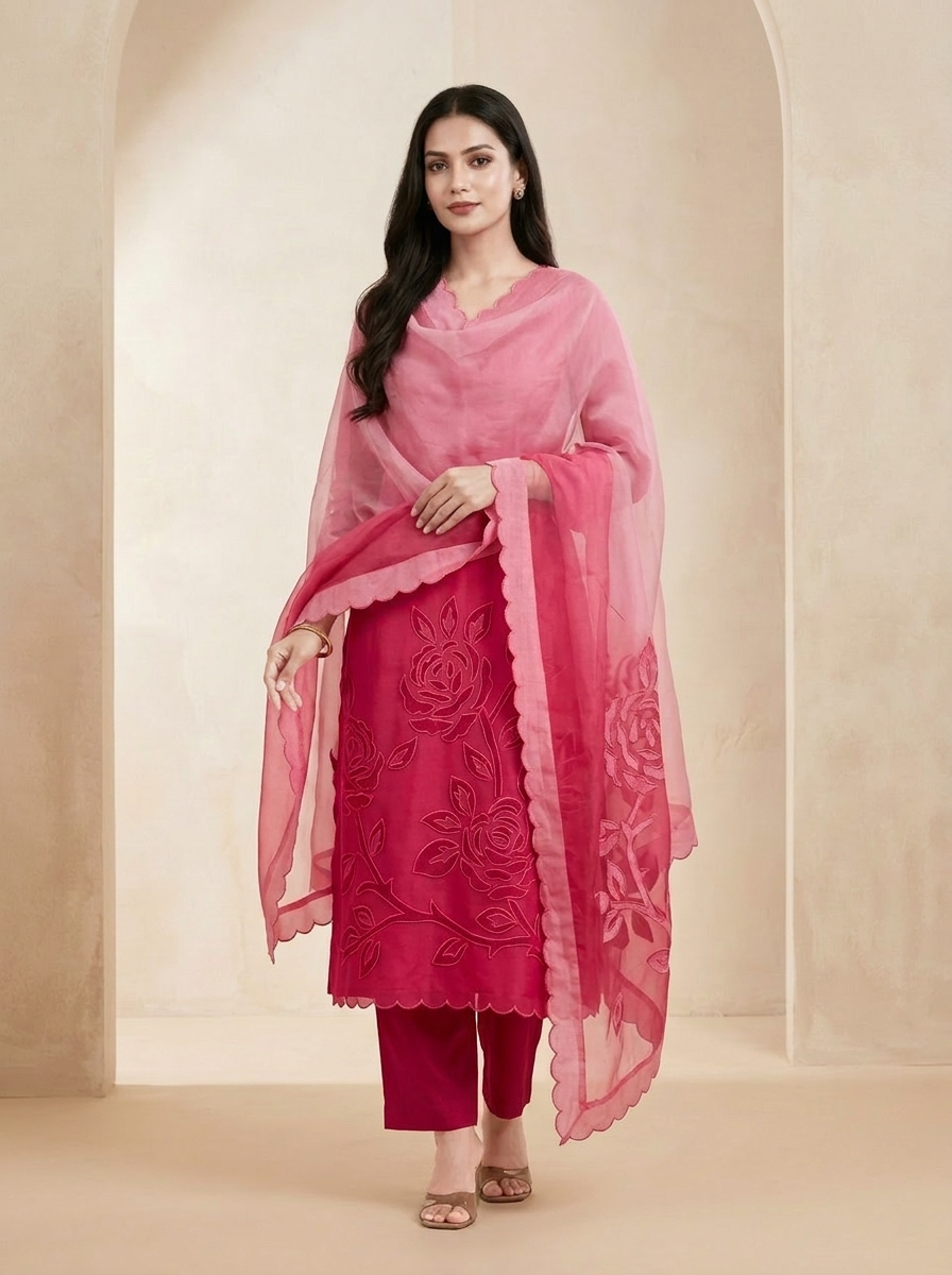 Pink Mul Chanderi Embroidered Unstitched 3-Piece Suit (Devri – D.No 13112)