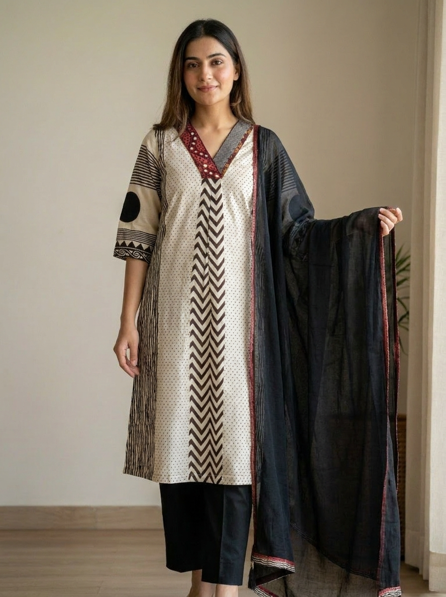 Noor Pure cotton Printed Black 3-Piece Set (Devri – D.No 13328)