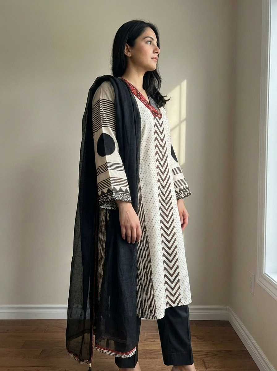 Noor Pure cotton Printed Black 3-Piece Set (Devri – D.No 13328)