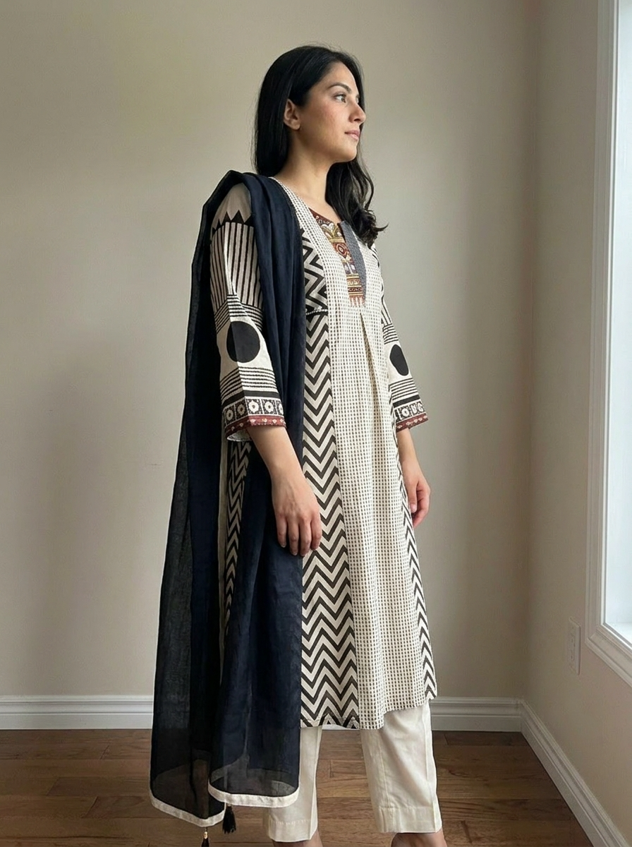 Zariya Pure cotton Embroidered Black 3-Piece Set (Devri – D.No 13327)