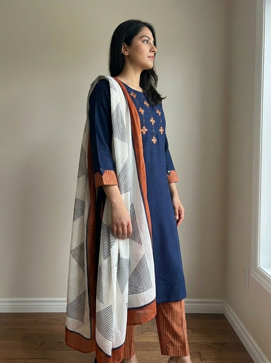 Varnika Cotton slub Printed Navy Blue 3-Piece Set (Devri – D.No 13330)