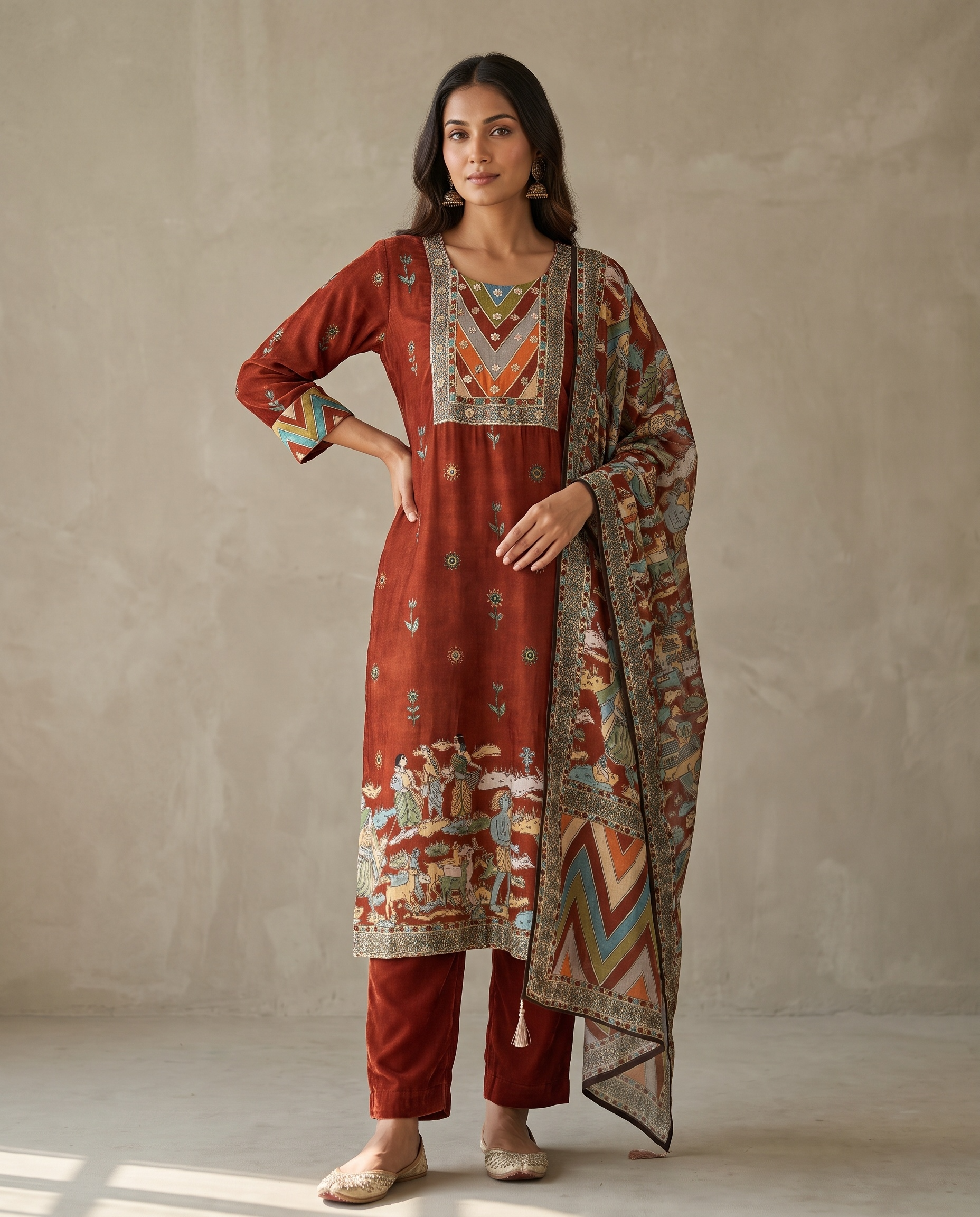 Gulnaar Russian Silk Printed Rust 3-Piece Set (Devri – D.No 2028)
