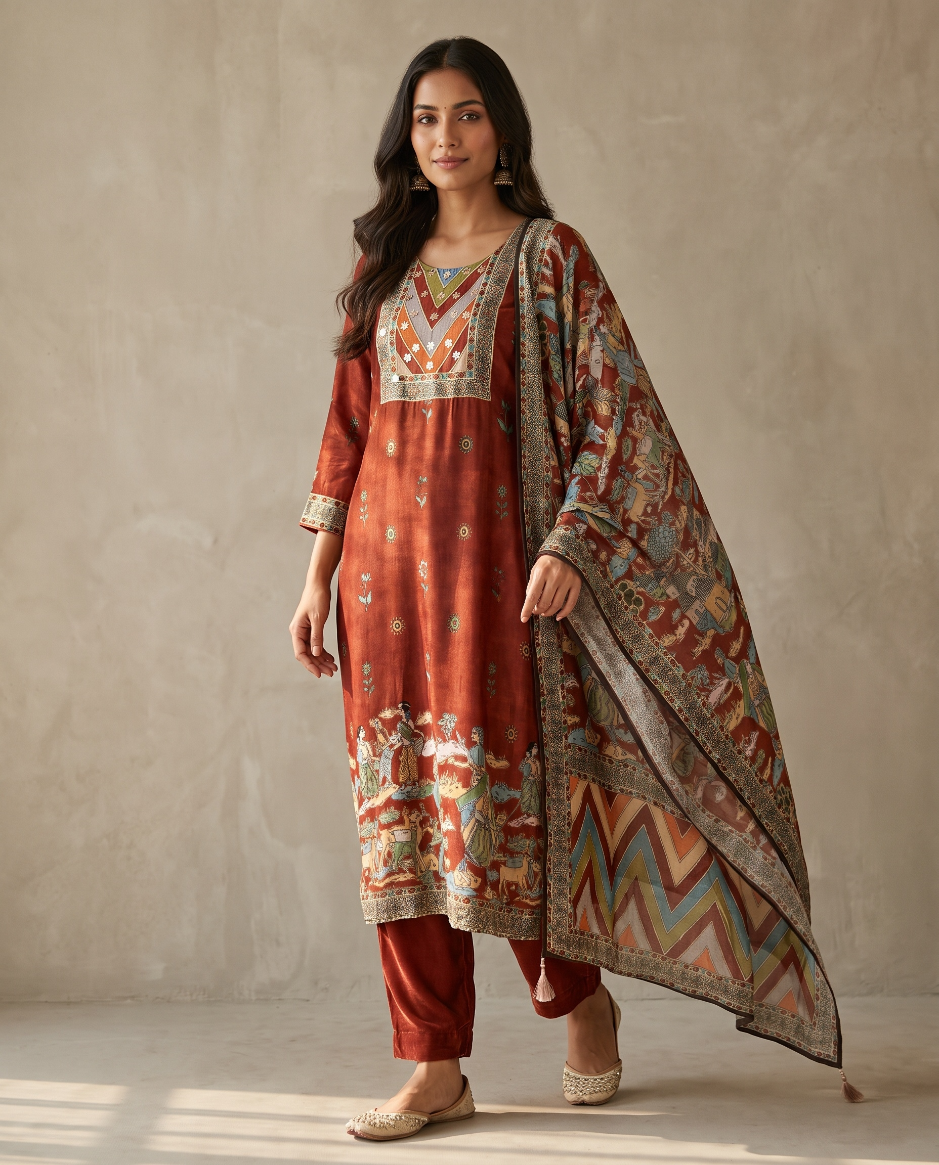 Gulnaar Russian Silk Printed Rust 3-Piece Set (Devri – D.No 2028)