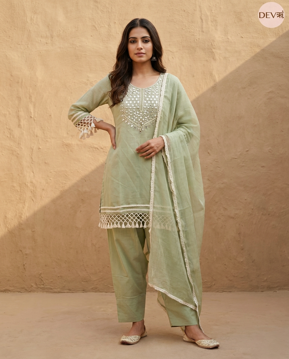 Gulnaar Mul chanderi Embroidered Sage Green 3-Piece Set (Devri – D.No 13446)