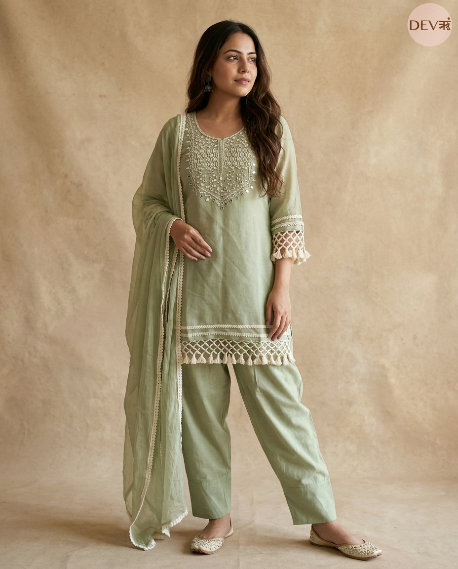 Gulnaar Mul chanderi Embroidered Sage Green 3-Piece Set (Devri – D.No 13446)