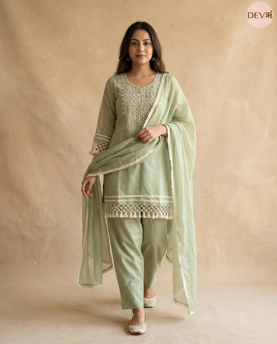 Gulnaar Mul chanderi Embroidered Sage Green 3-Piece Set (Devri – D.No 13446)