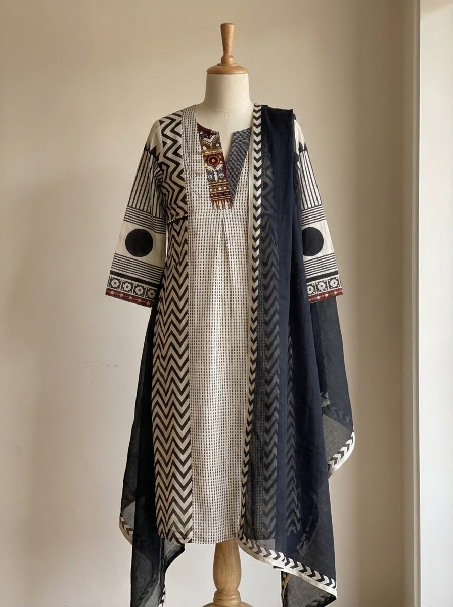 Zariya Pure cotton Embroidered Black 3-Piece Set (Devri – D.No 13327)