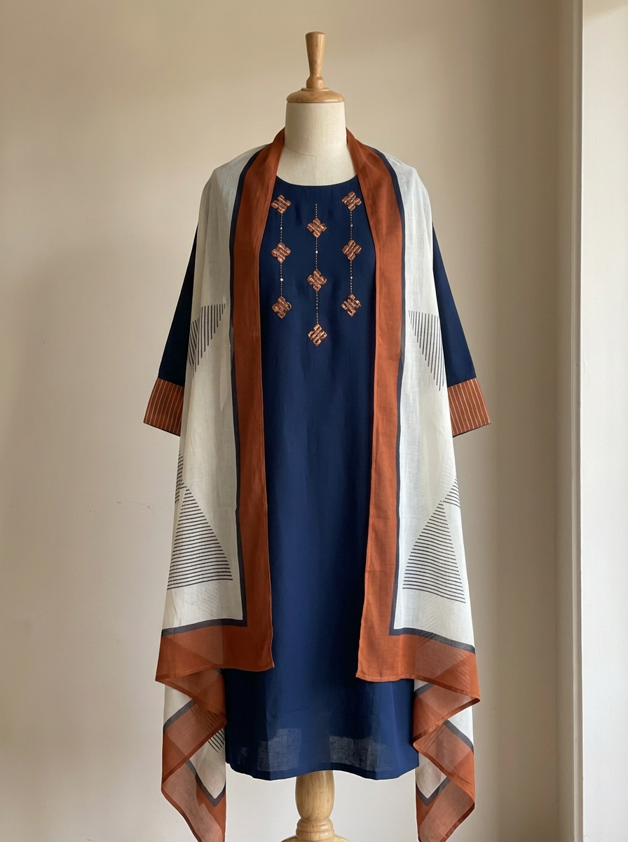 Varnika Cotton slub Printed Navy Blue 3-Piece Set (Devri – D.No 13330)
