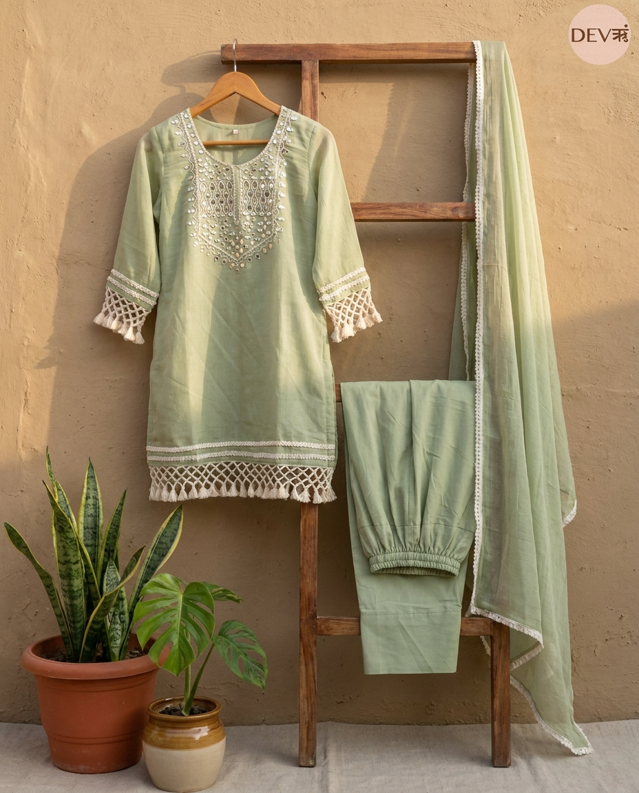 Gulnaar Mul chanderi Embroidered Sage Green 3-Piece Set (Devri – D.No 13446)